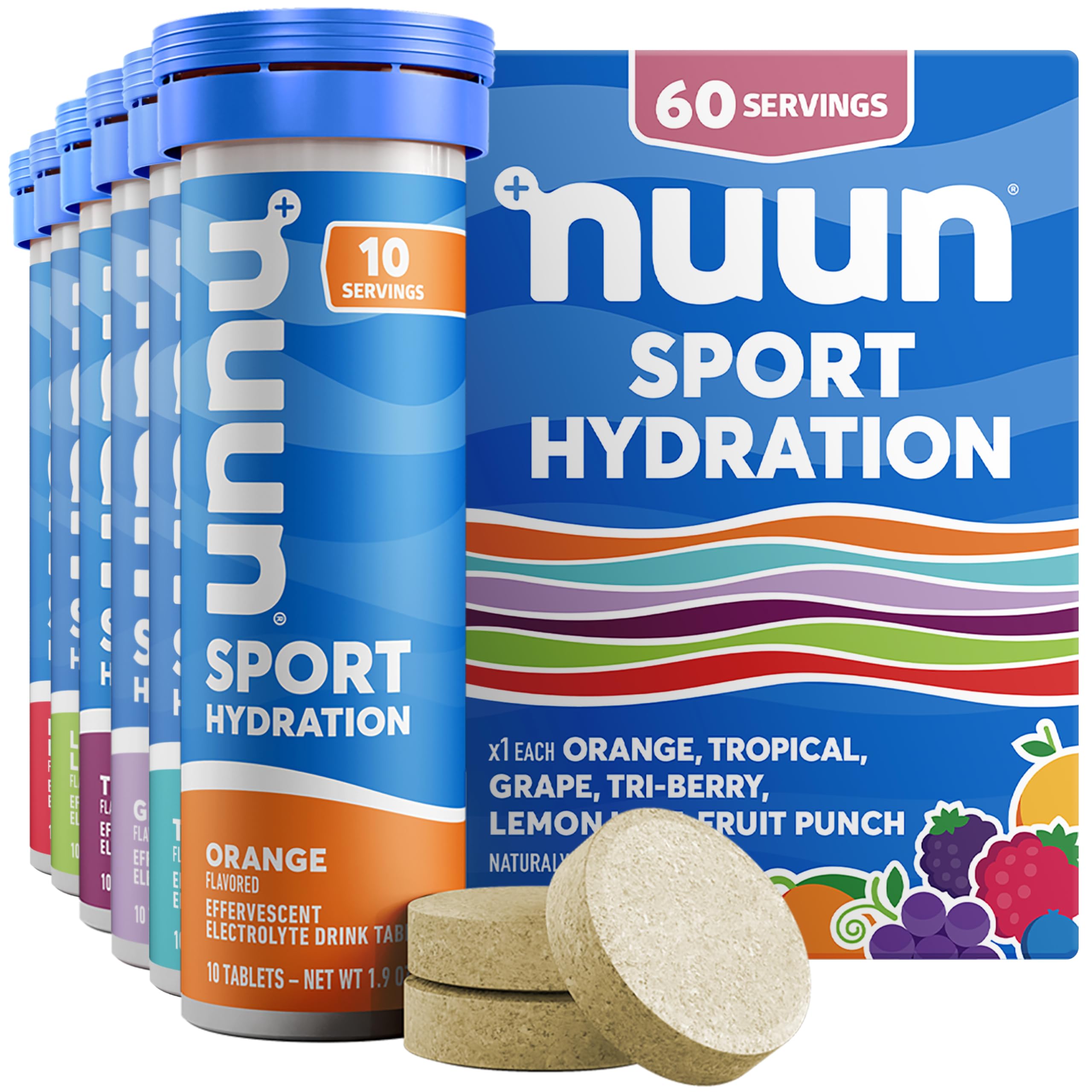 Nuun Sport Electrolyte Tablets - Dissolvable in Water, Variety Pack, 5 Essential Electrolytes for Hydration, 1g Sugar Drink Mix, Vegan, Non-GMO, 6 Pack (60 Total Servings)