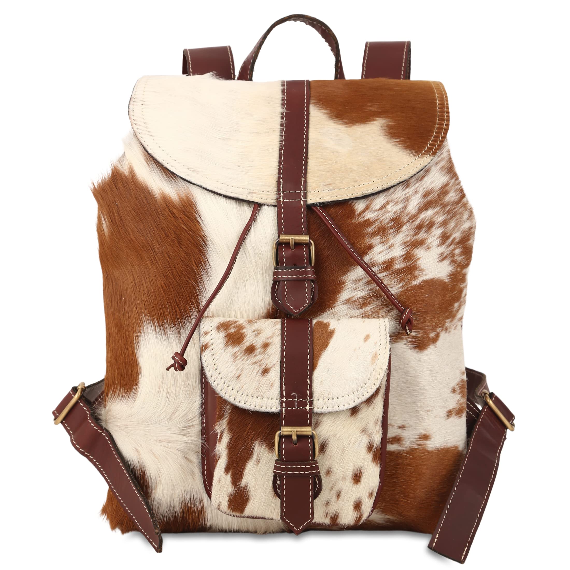 CRAFAT 18 inches leather hairon backpack, Brown and White, M, Hairon Leather Backpack