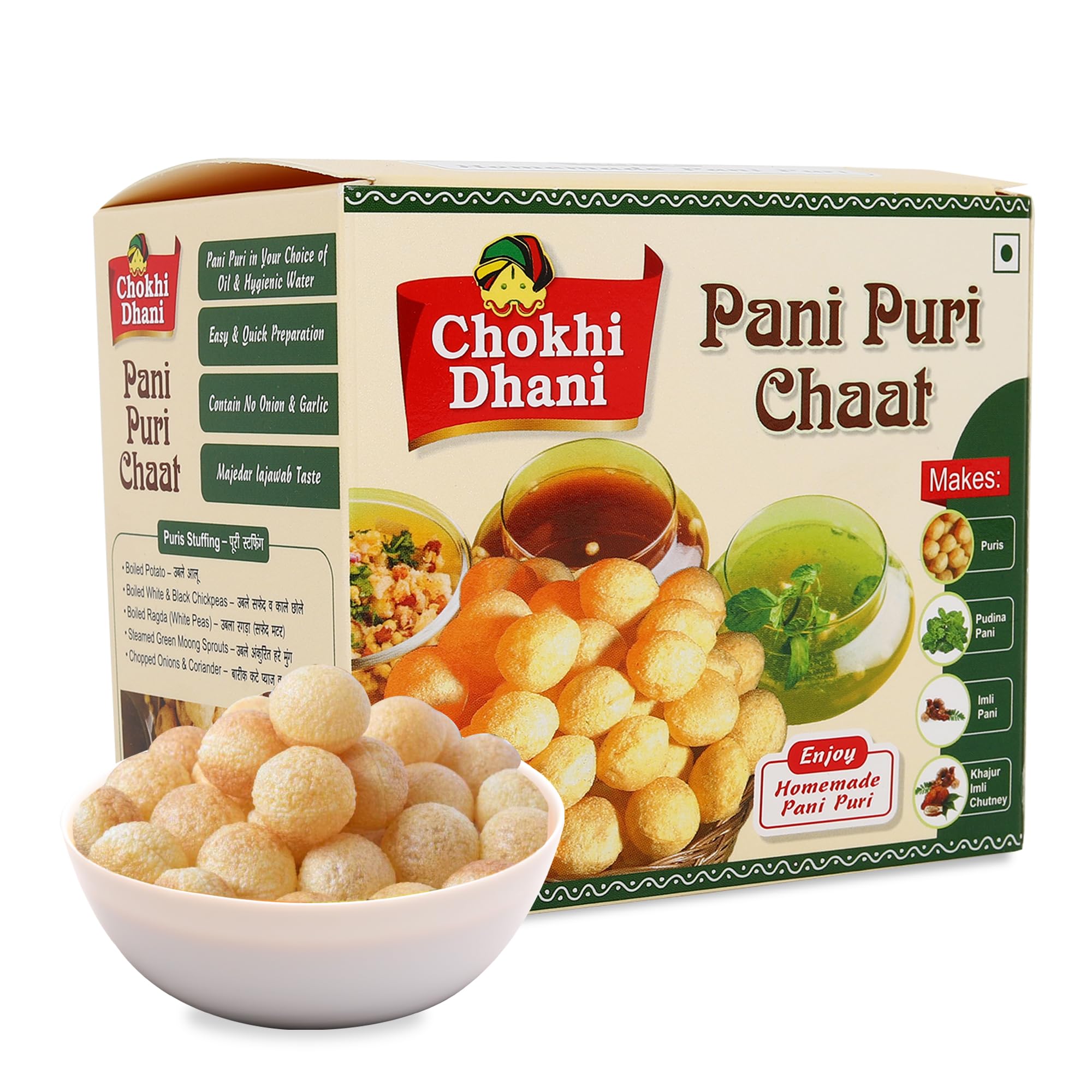 Chokhi Dhani Pani Puri Chaat, Ready to Eat Food Products, Khatta Meetha GolGappa Combo Puchka Instant Kit with 50 Puris, Just Fry The Puris and Add Masala on Water to Ready Meal (Pack of 1, 220g)