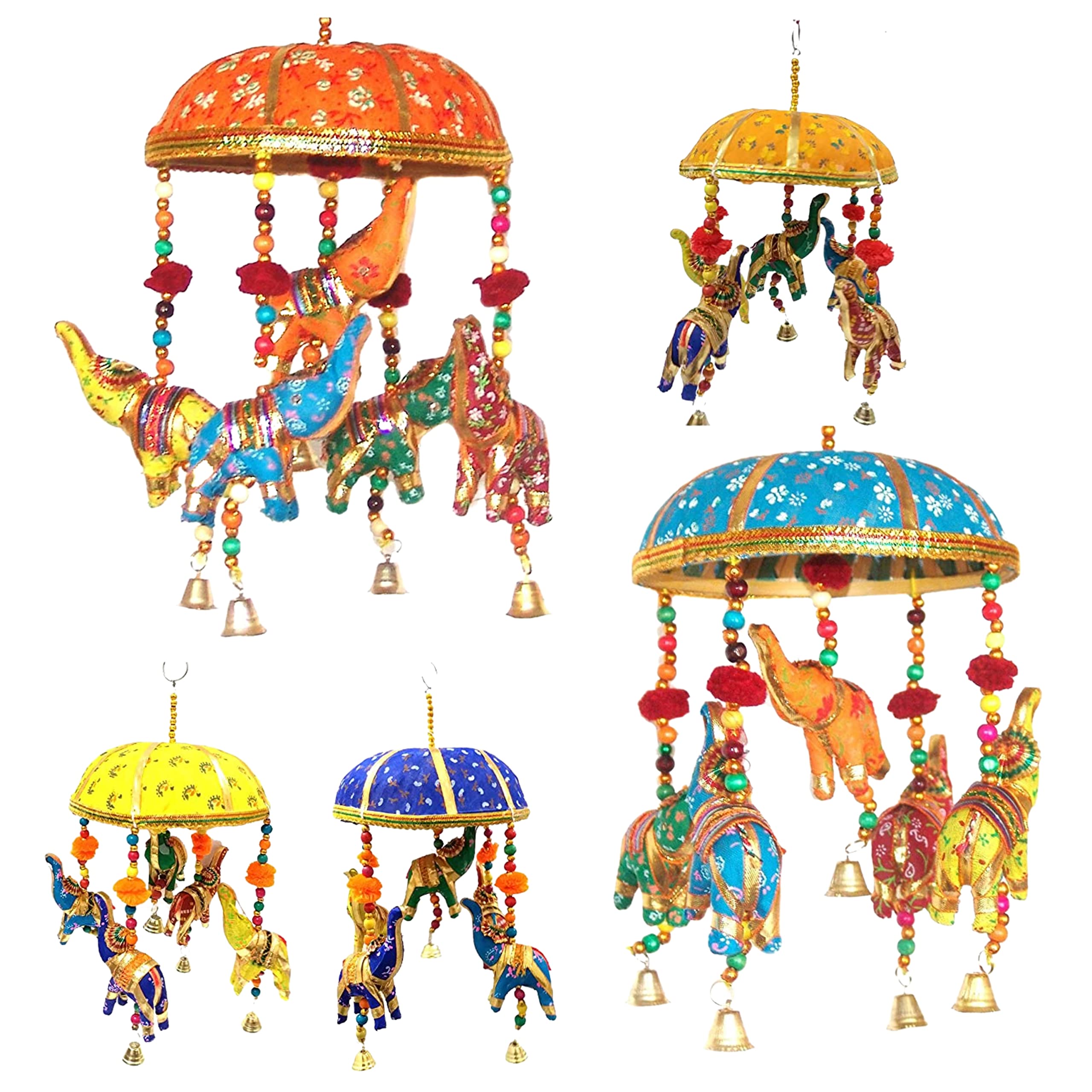 Suvasane Rajasthani Handcrafted Decorative Elephants Door Hanging with Zari Gota Work Round Tokri Traditional Ethnic Latkan Toran - Set of 5 (11X6x6 Inch, Multicolor)