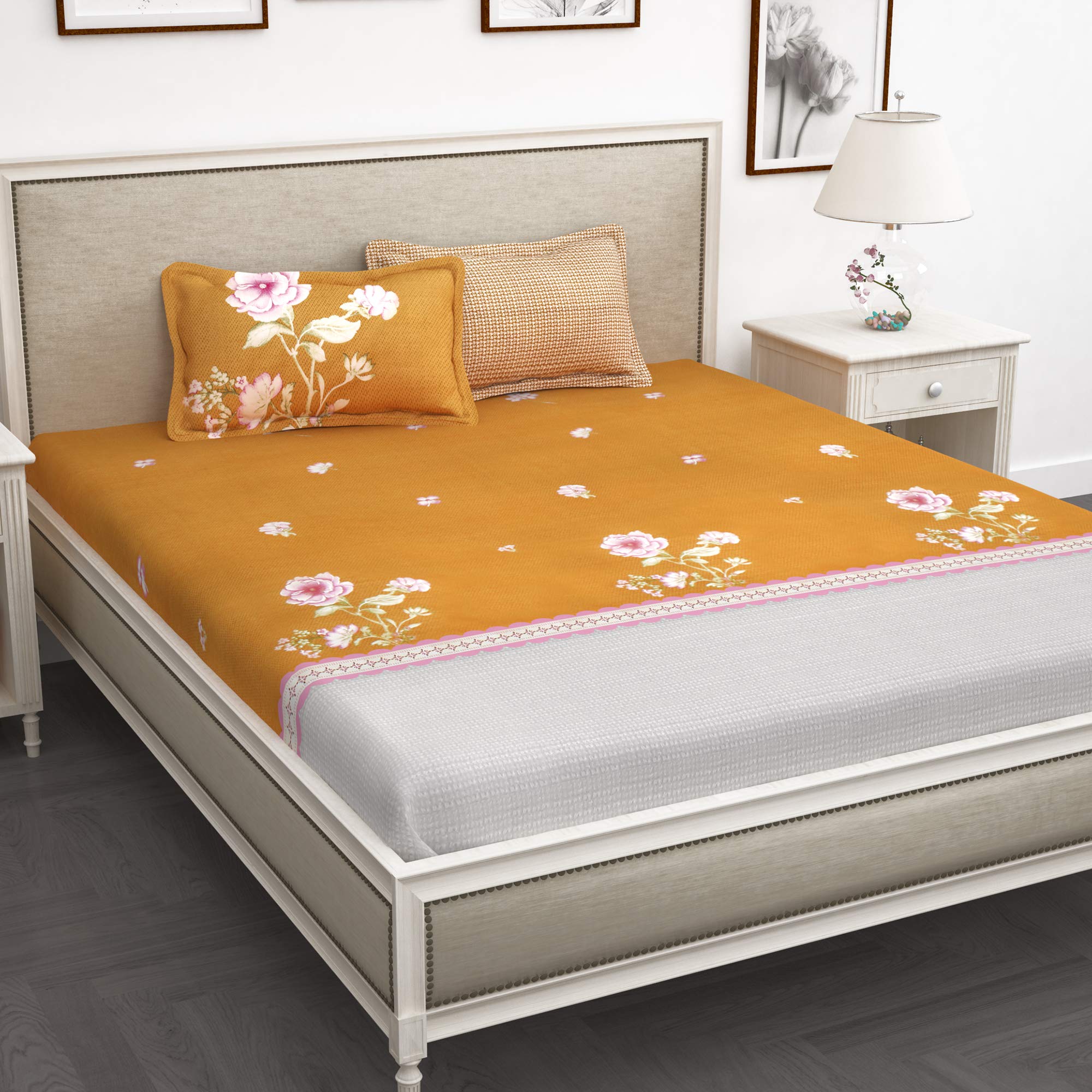 Story@Home Forever Collection 240 TC Bedsheet King Size Bed Cotton with Two Pillow Covers, Pink and Beige