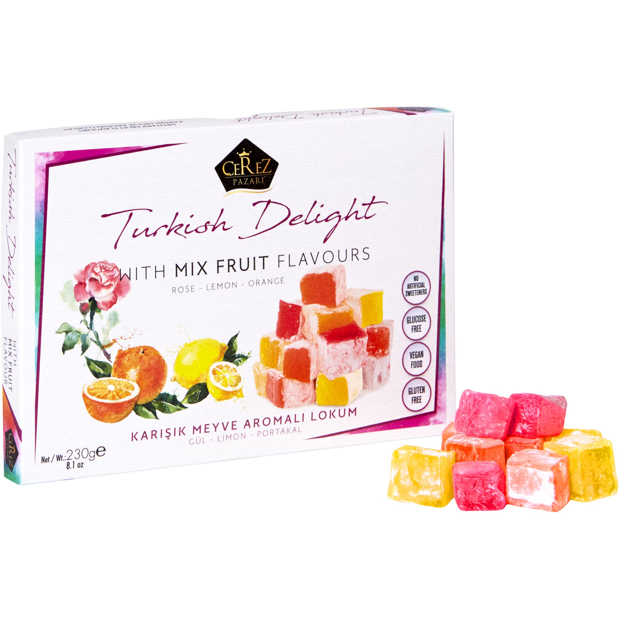 Cerez Pazari Turkish Delight with Rose, Orange and Lemon Mix Flavours 8.1 Oz Gourmet Small Size Snacks Gift Box, No Nuts Sweet Traditional Confectionery Vegan Candy Dessert Lokum Loukoumi Approx.32Pcs