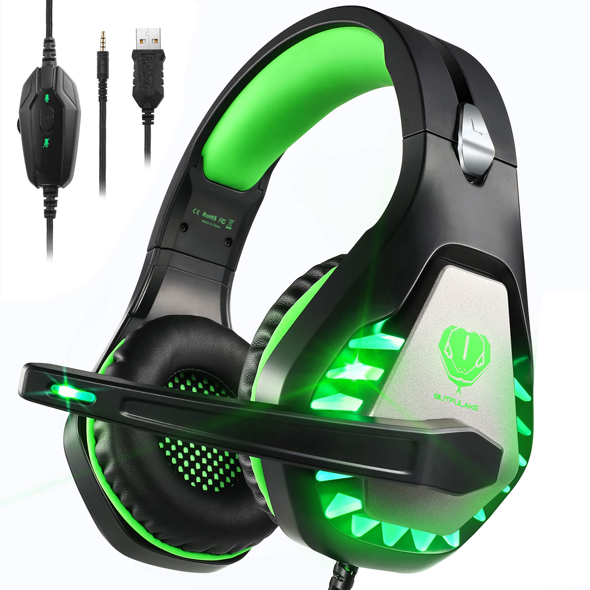 Pacrate Gaming Headset for PS4 PS5 PC Xbox One, Xbox Series X LED Clarity Sound Headphones, Headphones with 3.5 mm Noise Cancelling Microphone (Black Green)