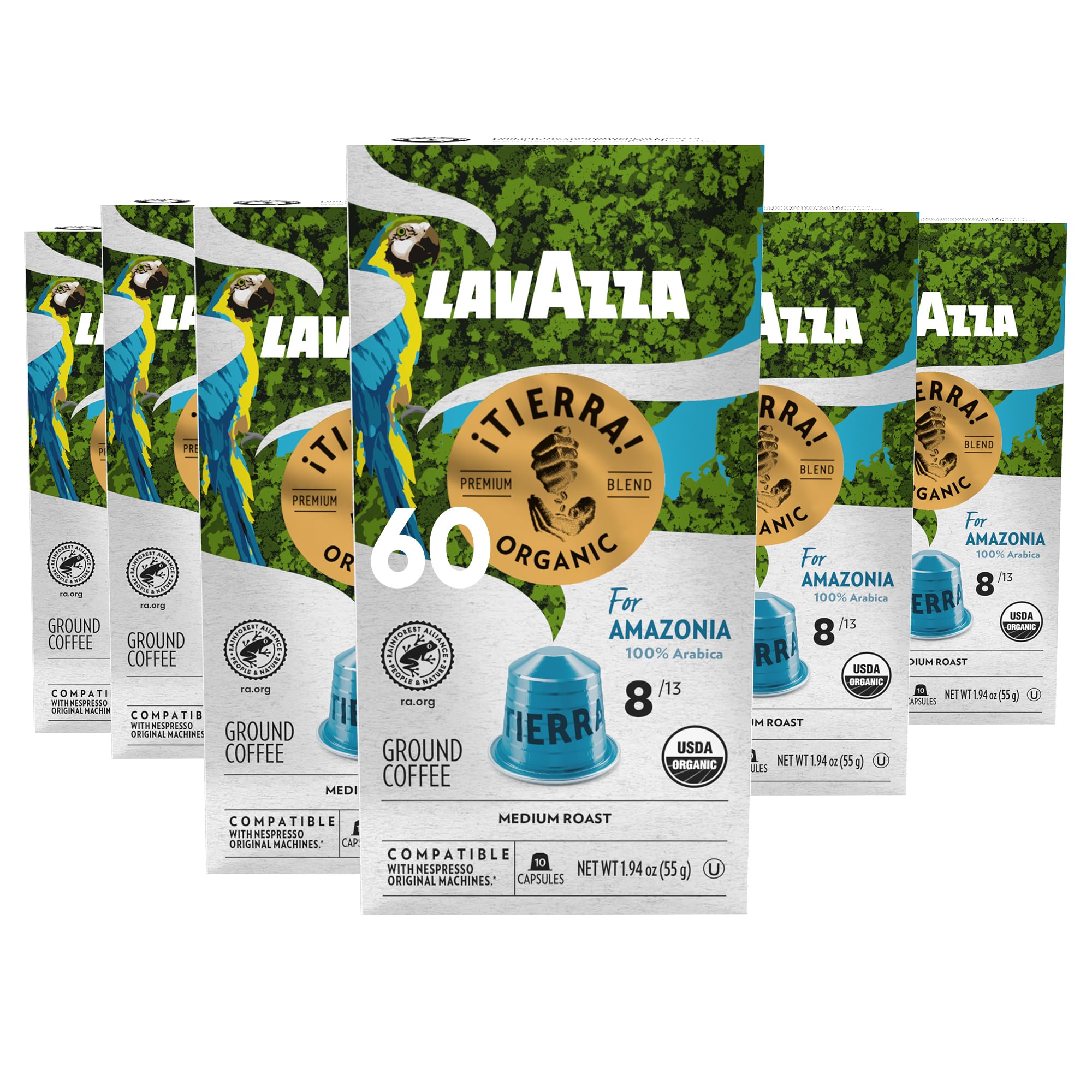 Lavazza ¡Tierra! for Amazonia Aluminum Capsules Compatible with Nespresso* Original Machines, Medium Espresso Roast, 100% Arabica (60 Capsules)