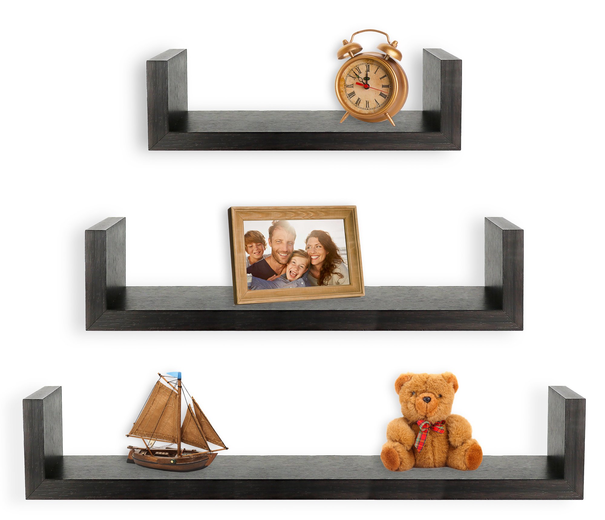 GreencoSet of 3 Floating “U” Shelves, Easy-to-Assemble Floating Wall Mount Shelves for Bedrooms and Living Rooms, Espresso Finish