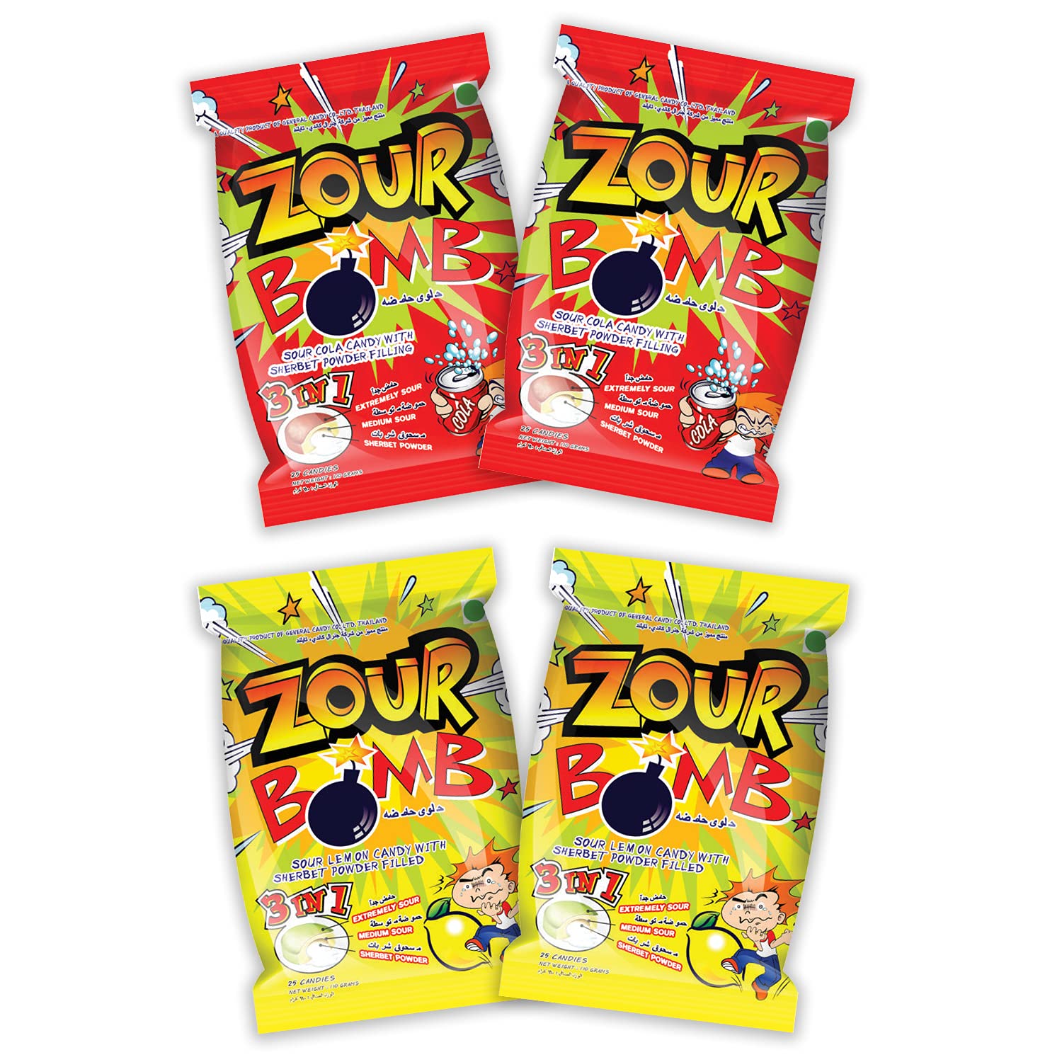 Zour Bomb Sour Candy Combo Pack of 4 (Cola & Lemon) 110grams each, Candies from Thailand, Share with Friends & Family