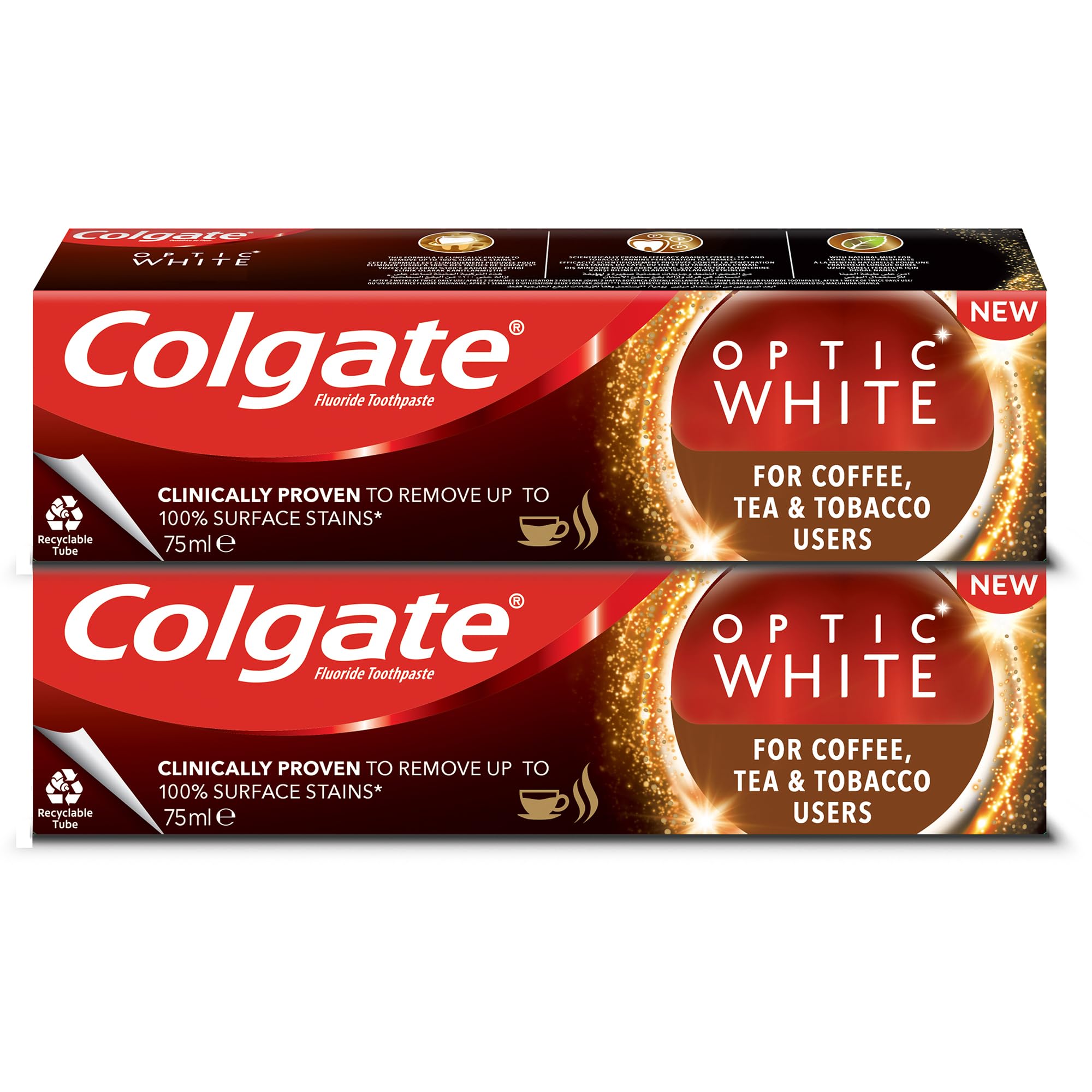 Colgate Toothpaste Optic White for Coffee, Tea and Tobacco Users, Teeth Whitening Toothpaste, Remove Surface Stains, 2x75 ml, 2 pack