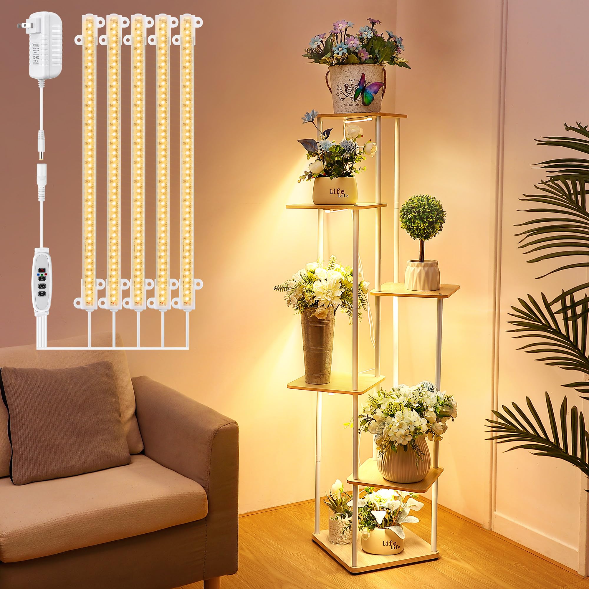 DreyooPlant Stand with Grow Light Indoor, 6 Tier 6 Potted Sturdy Metal Plant Shelf, Multiple Plant Holder Tall Plant Ladder for Display Plant Flower Corner Living Room Office (White, Wood Color)