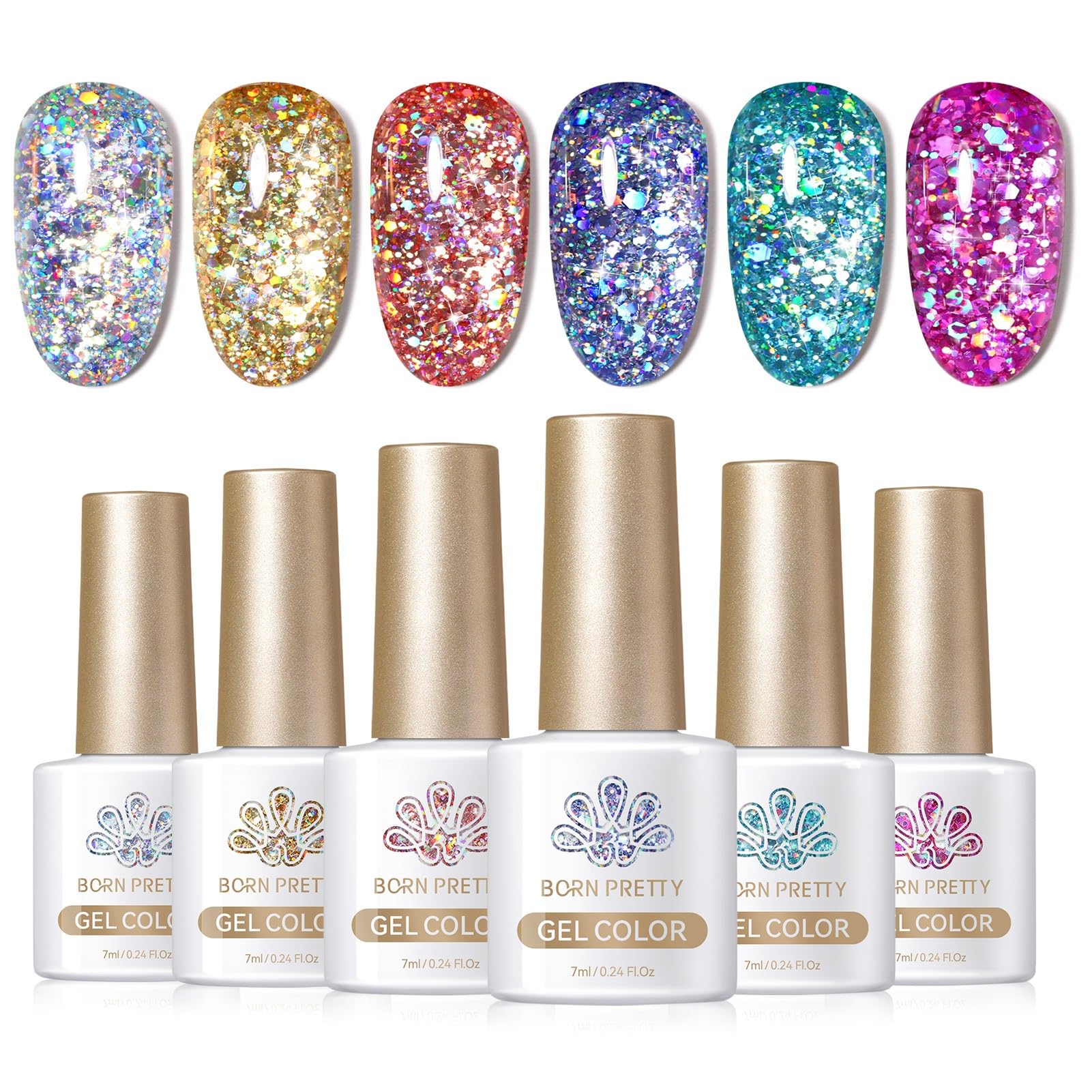 BORN PRETTY Glitter Gel Nail Polish Shiny Chunky Glitter Gel Polish Soak Off U V Nail Gel Sparkly Spring Summer Gel Nail Art Manicure Varnish Gift Set