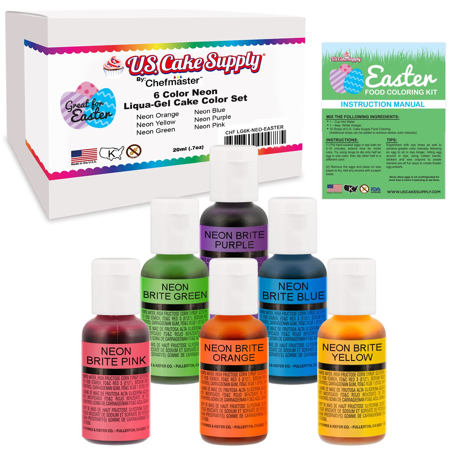 6 Color Neon Cake Food Coloring Liqua-Gel Easter Egg Decorating Baking Set - U.S. Cake Supply .75 fl. Oz. (20ml) Bottles - Safely Made in the USA product