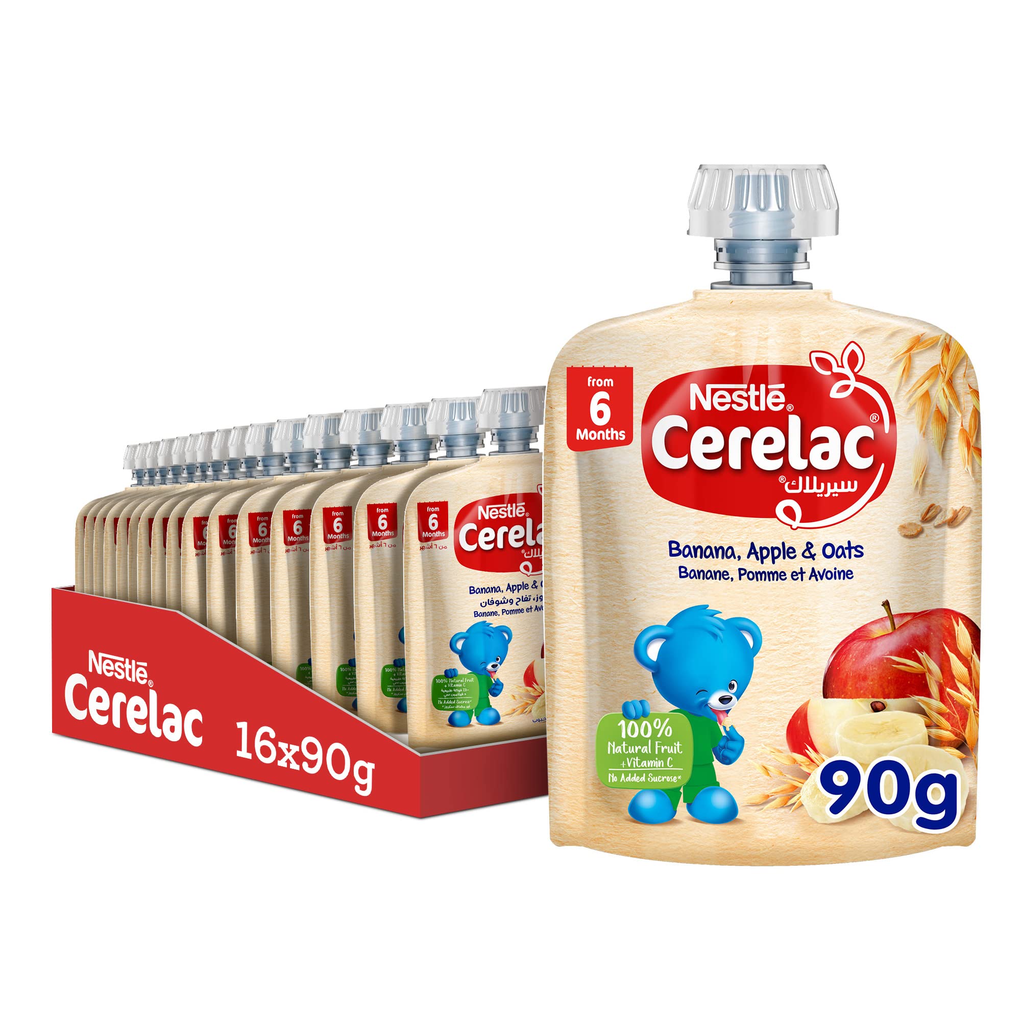 Cerelac Nestle Fruits Puree, Banana Apple and Oats, Baby Food, Pouch, 90g (16 Pouches)