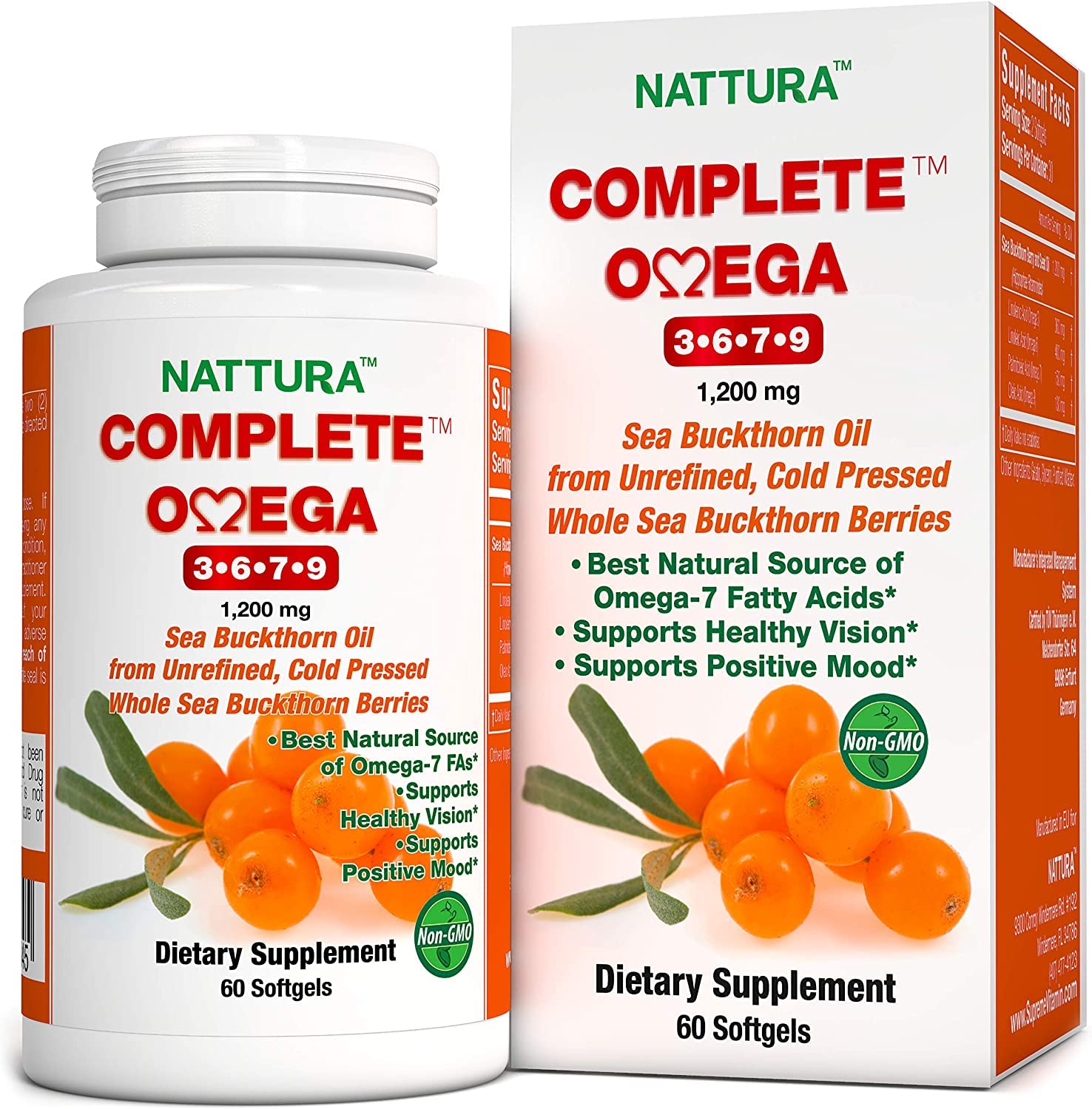 COMPLETE OMEGA 3-6-7-9, Pure Sea Buckthorn Oil From Unrefined, Cold Pressed Whole Sea Buckthorn Wild Berries (600mg) 60 Softgels