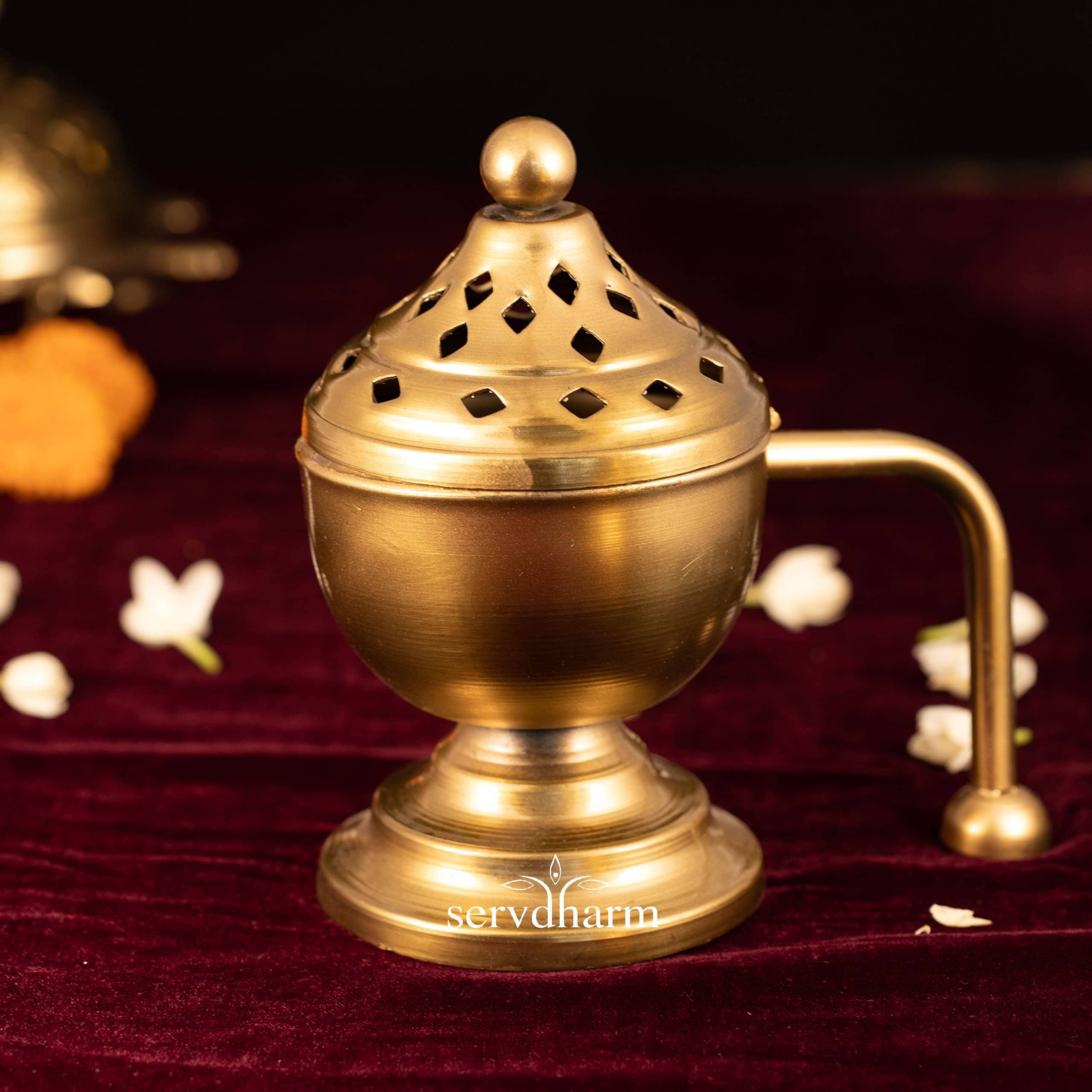 ServDharm Dhoop Dani Dhuni Loban Burner, Height 6 Inches (Metal, Round, Gold)