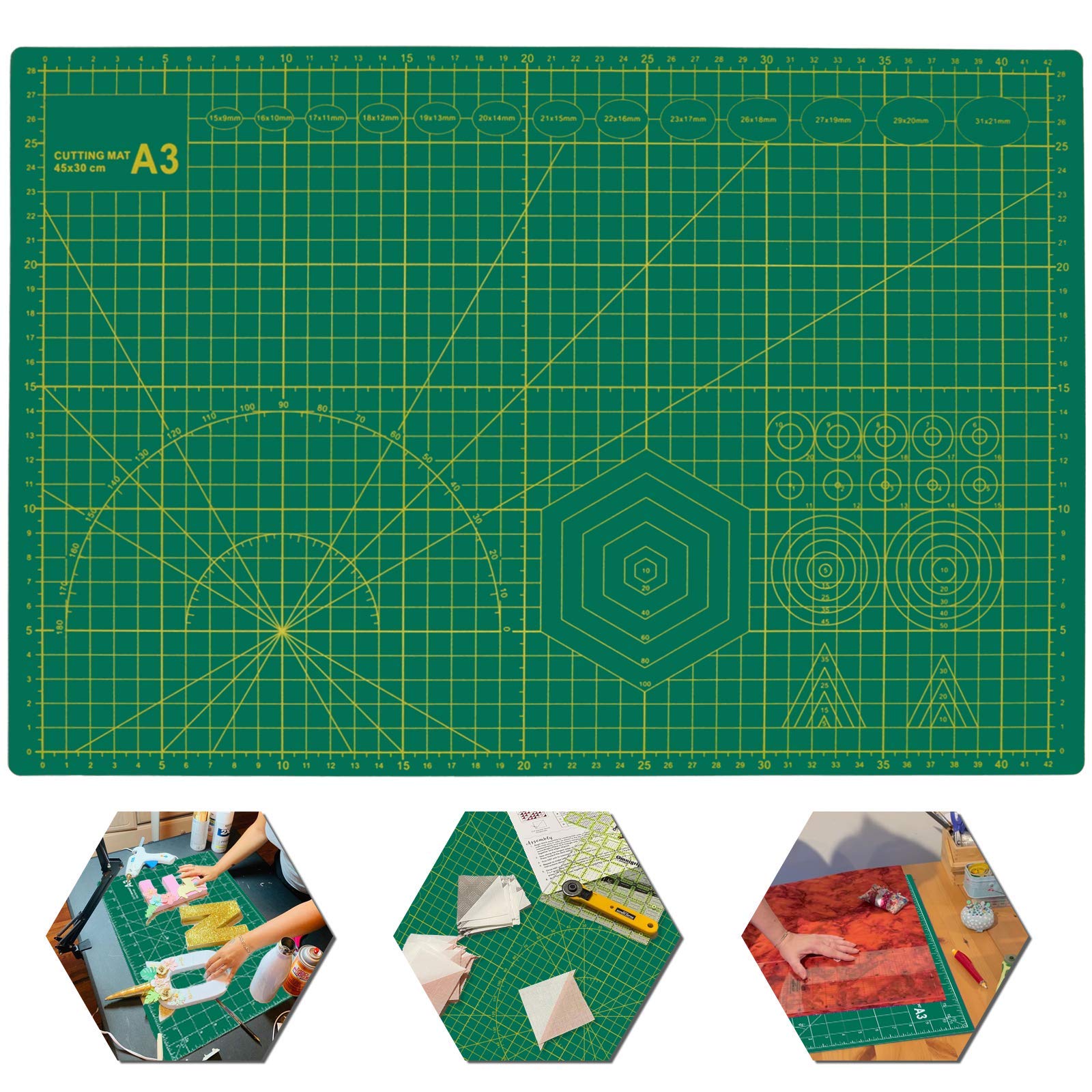 AUBECO A3 Self-Healing Cutting Mat, Double Sided 5-Ply Gridded Durable Non-Slip Craft Mat, Hobby Knife Set with 6 Pcs Hobby Blades Art Knife, Perfect for Crafts & Sewing, Green, 12" x 18"