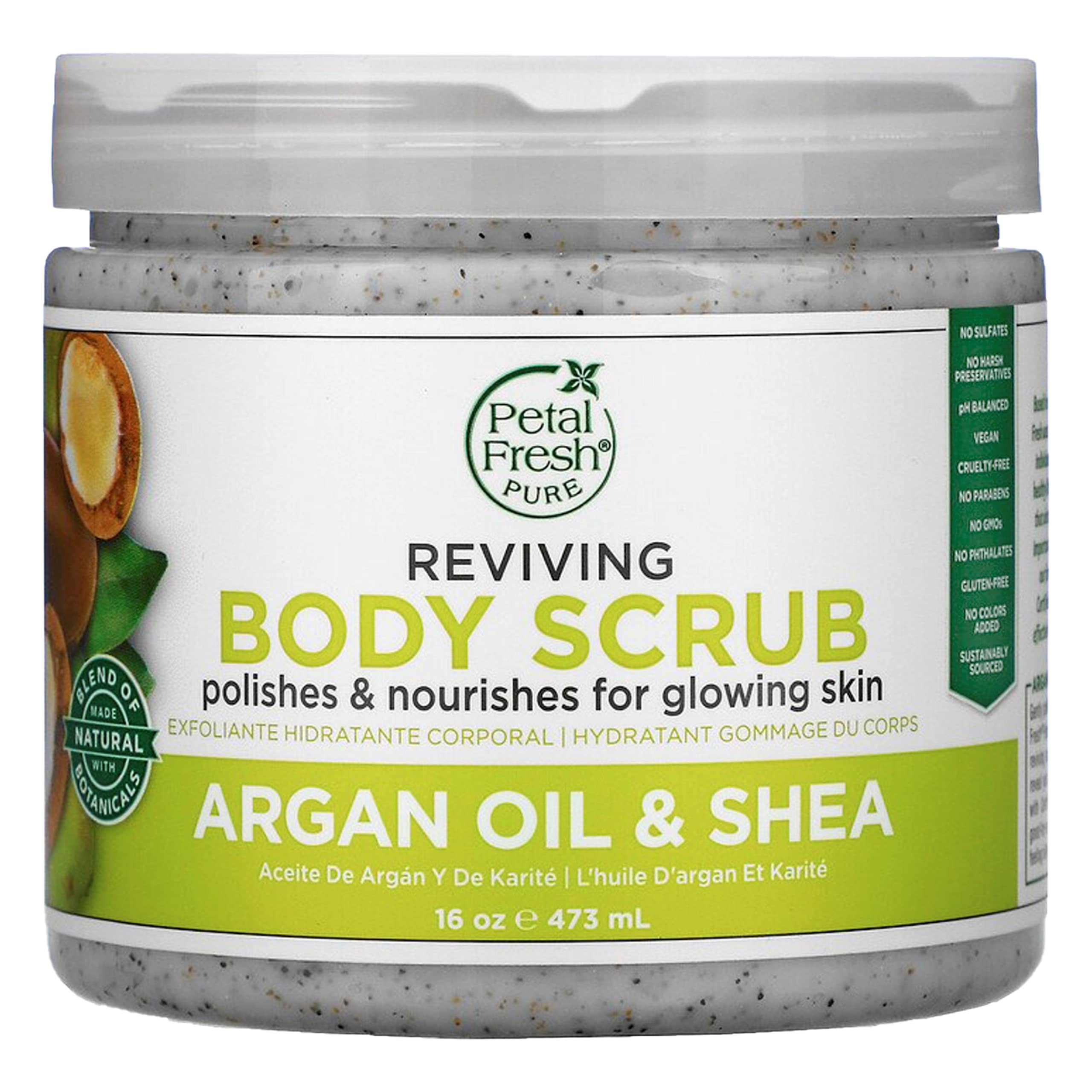 PETAL FRESHReviving Argan Oil & Shea Body Scrub | To Polish & Nourish For Glowing Skin | Natural & Gently Exfoliating Daily Skincare | Vegan & Cruelty Free | 16 oz, 473 Ml