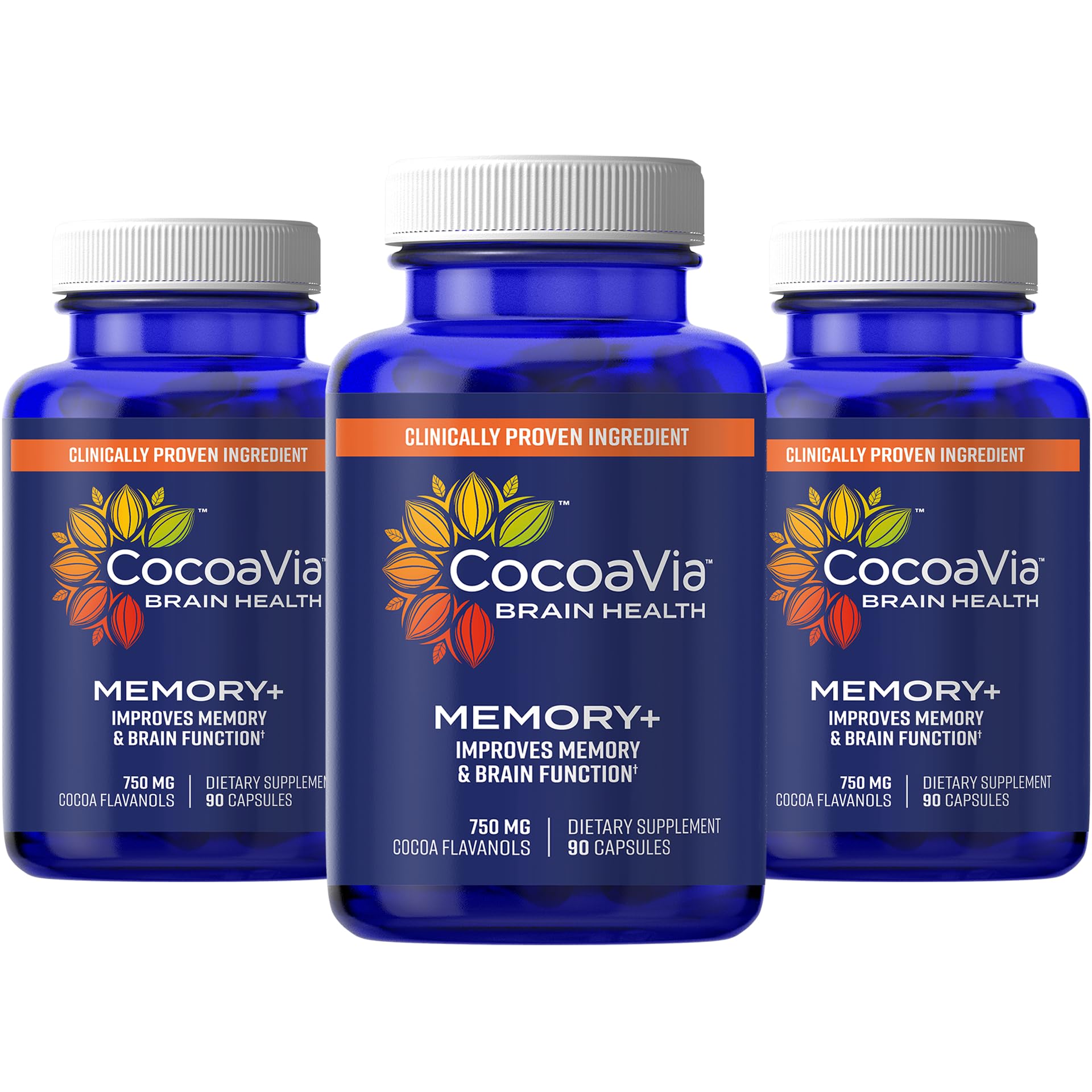 CocoaVia Memory+ Brain Supplement, 90 Day, 750 mg Cocoa Flavanols, Memory & Brain Booster, Vegan, Plant Based, Gluten Free, 270 Capsules