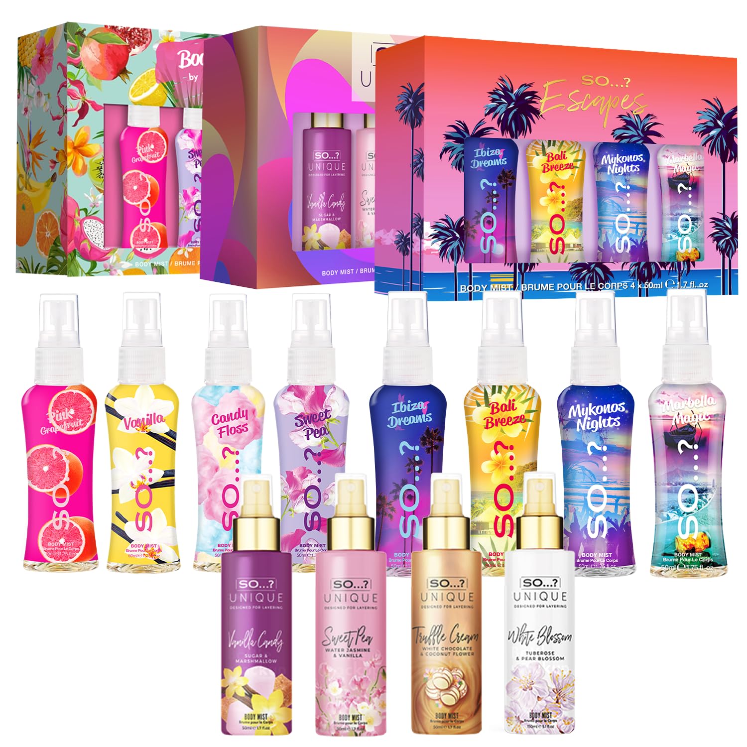 SO…?Summer Escapes, Body Mist by So…? & Unique Womens Gift Sets Bundle, Body Mist Fragrance Spray (4x50ml) Pack of 3