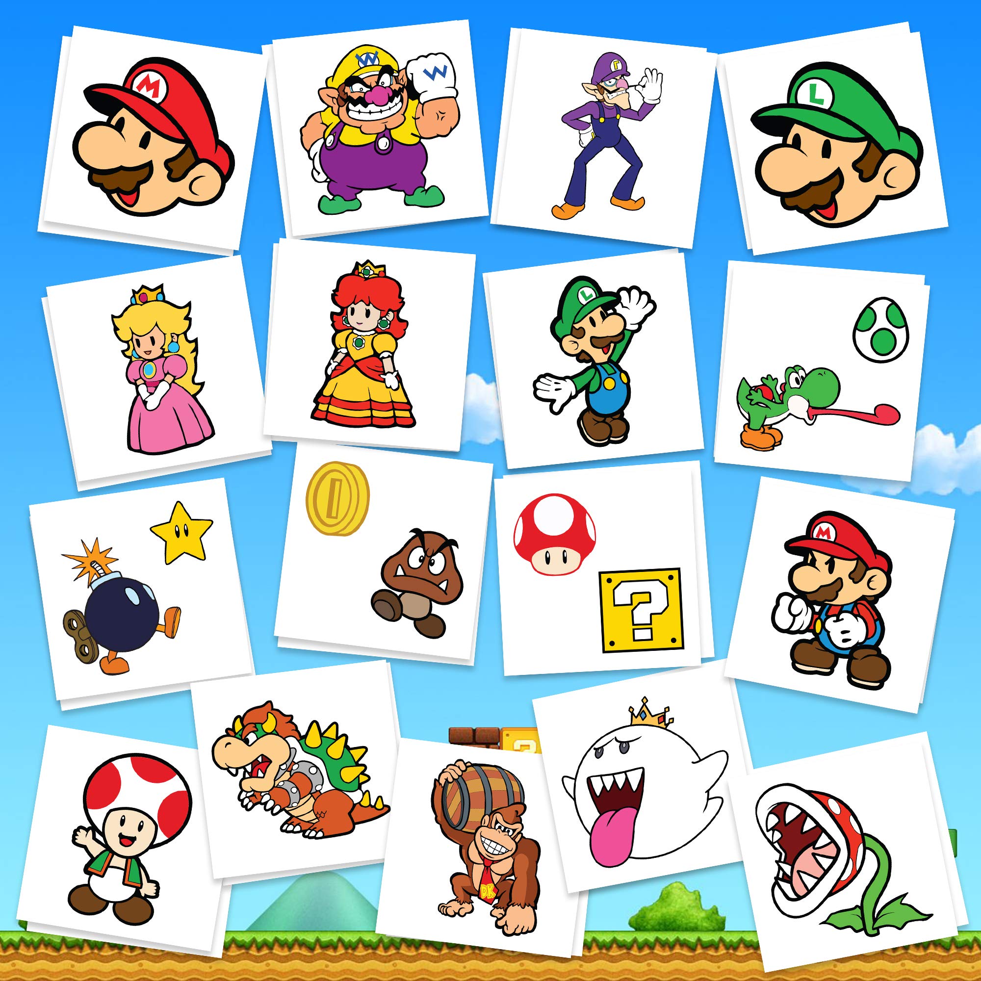 Mario Party Supply Temporary Tattoos | Pack of 34 | MADE IN THE USA | Skin Safe | Party Supplies & Favors | Removable