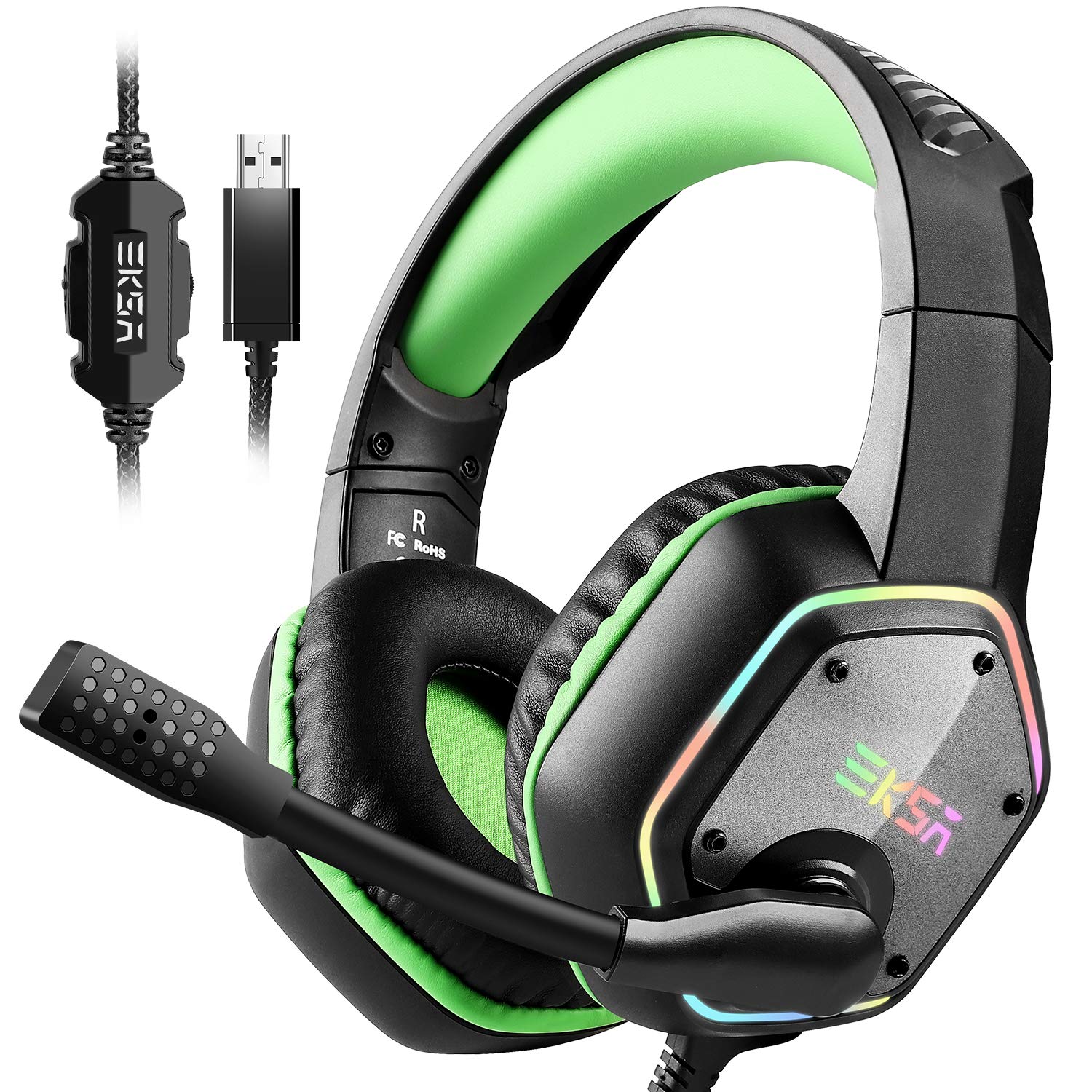 EKSA E1000 Pc RGB Gaming Headset 7.1 Surround Sound,Ps4 USB Headset with Mic,Gaming Grade 50Mm Drivers,Mic/Volume Control,Soft Earmuffs Led Over-Ear Headphones Only for Pc/Ps4,Wired,Green