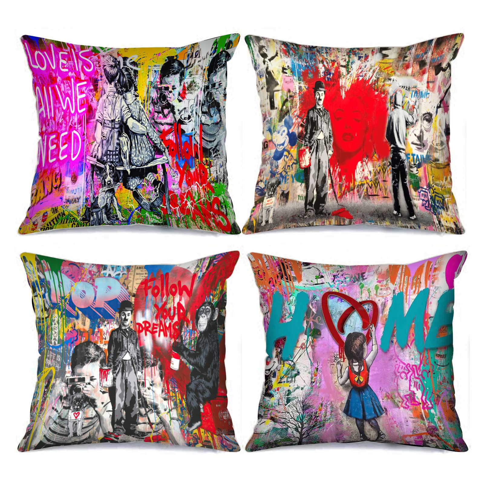 Tucocoo Graffiti Art Pillow Covers Decorative 18x18 inch Set of 4 Banksy Street Throw Pillow Covers Follow Your Dreams Colorful Cushion Case Outdoor Decorations Throw Pillow for Couch Sofa Home Decor