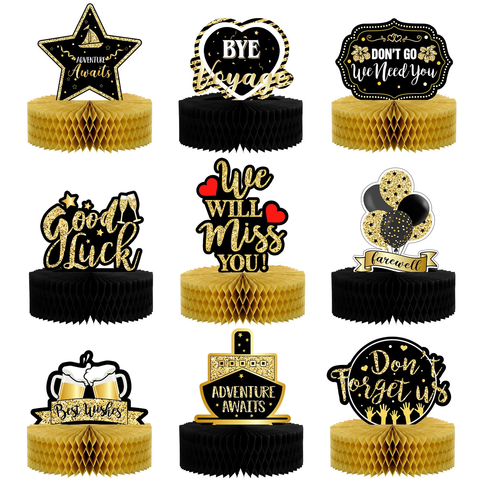 9 Pcs Going Away Party Decorations Black Gold Table Honeycomb Centerpieces We Will Miss You 3D Table Centerpieces for Farewell Party Retirement Party Graduation Party Table Decor Supplies