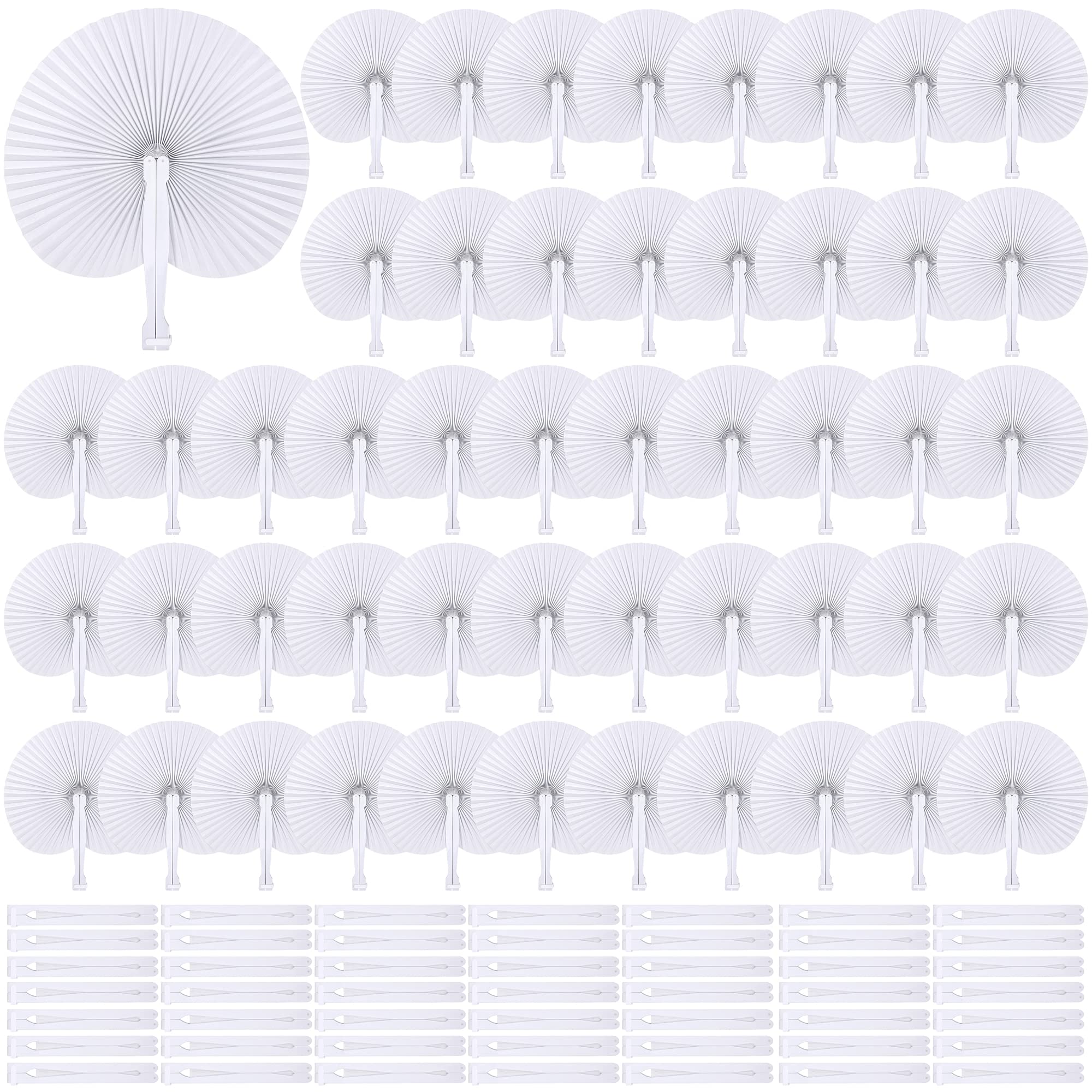 Aodaer 100 Pieces Wedding Paper Fans Folding Handheld Fans White Round Shaped Fans with Plastic Handle for Wedding Birthday Party Favors (Round)