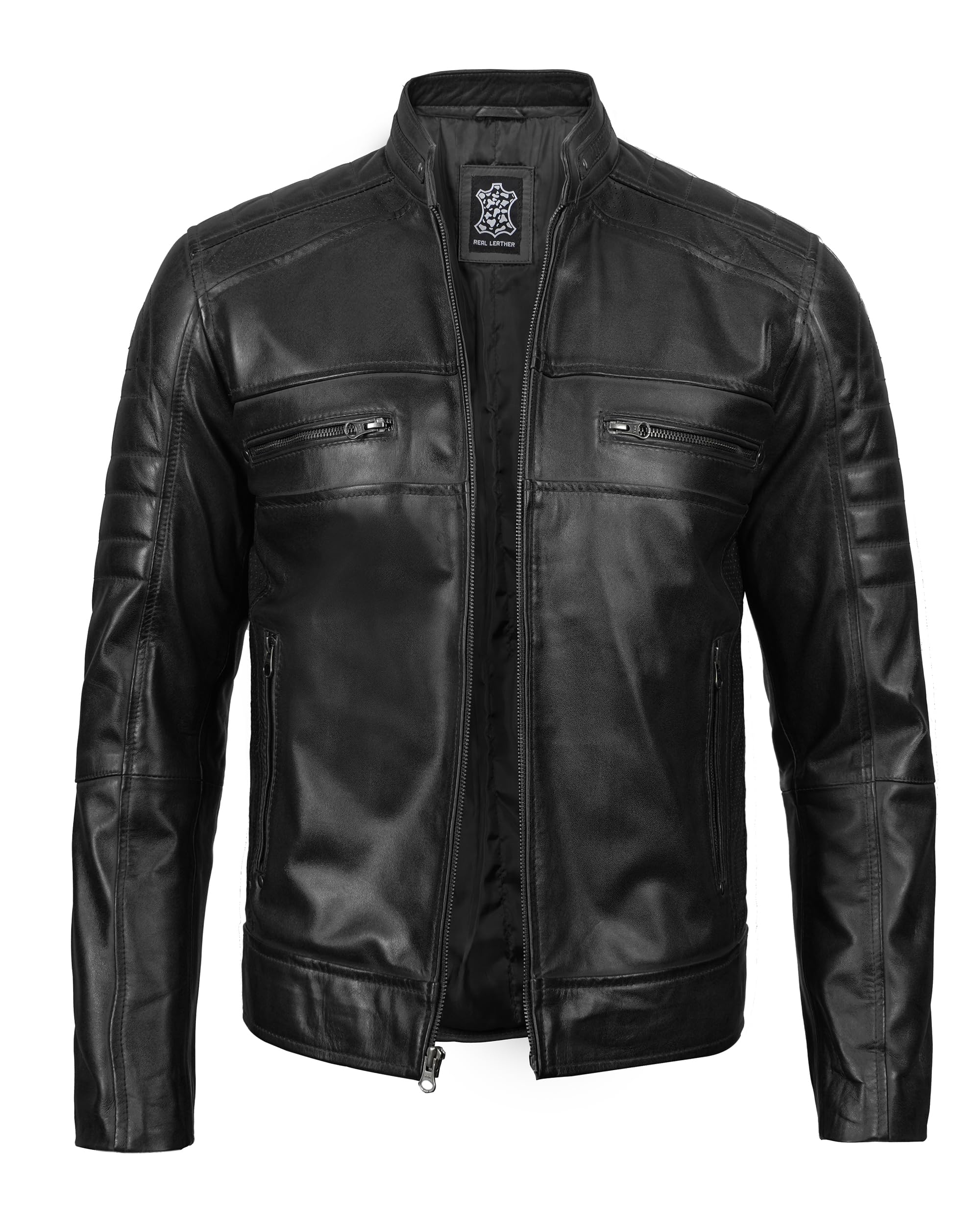 fjackets Real Lambskin Leather Biker Jacket - Quilted Cafe Racer Zip Up Moto Jackets For Men