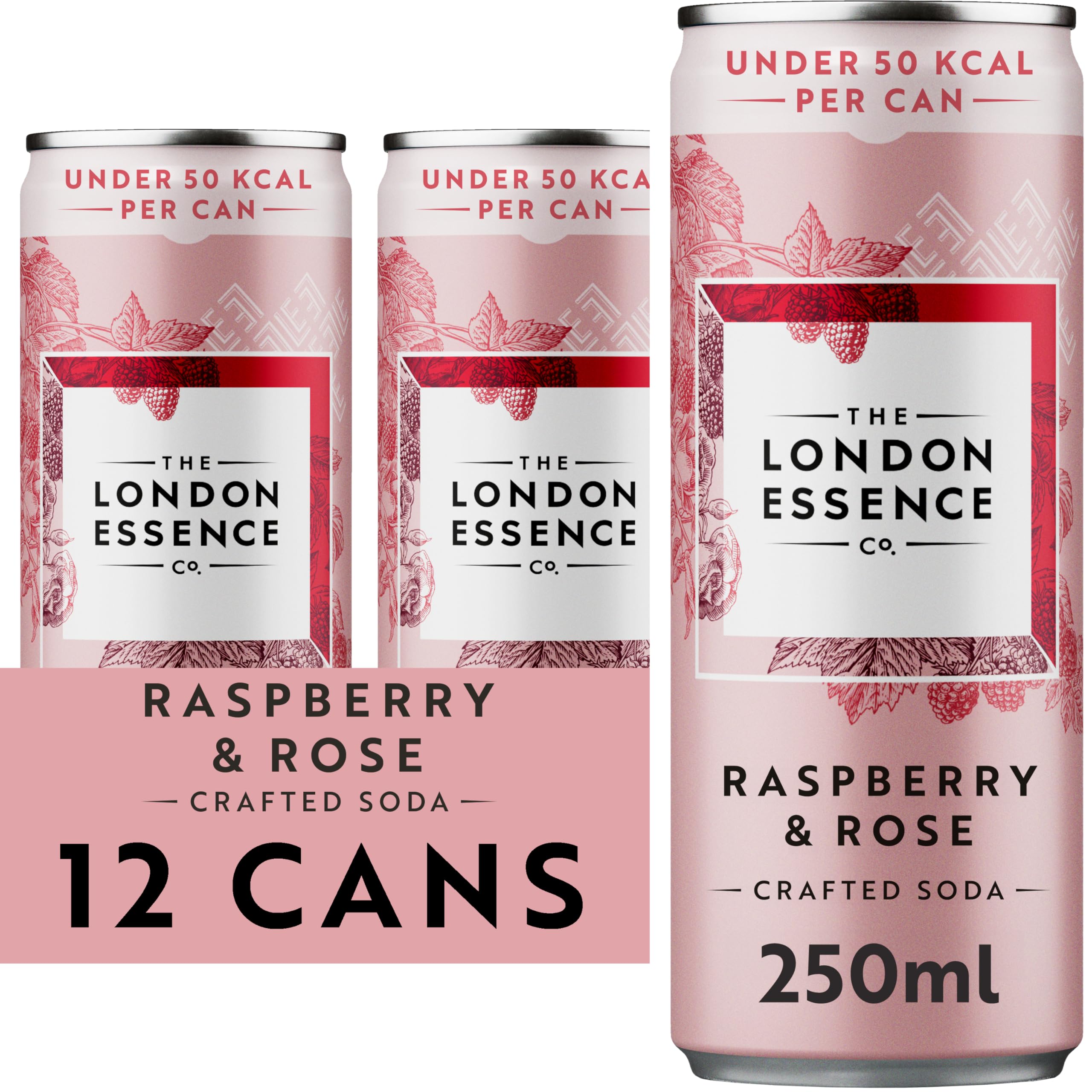 London Essence, Raspberry & Rose Crafted Soda, Premium Soft Drink, 250ml, Pack of 12 cans, No Artificial Colours Preservatives or flavours, Low Calorie