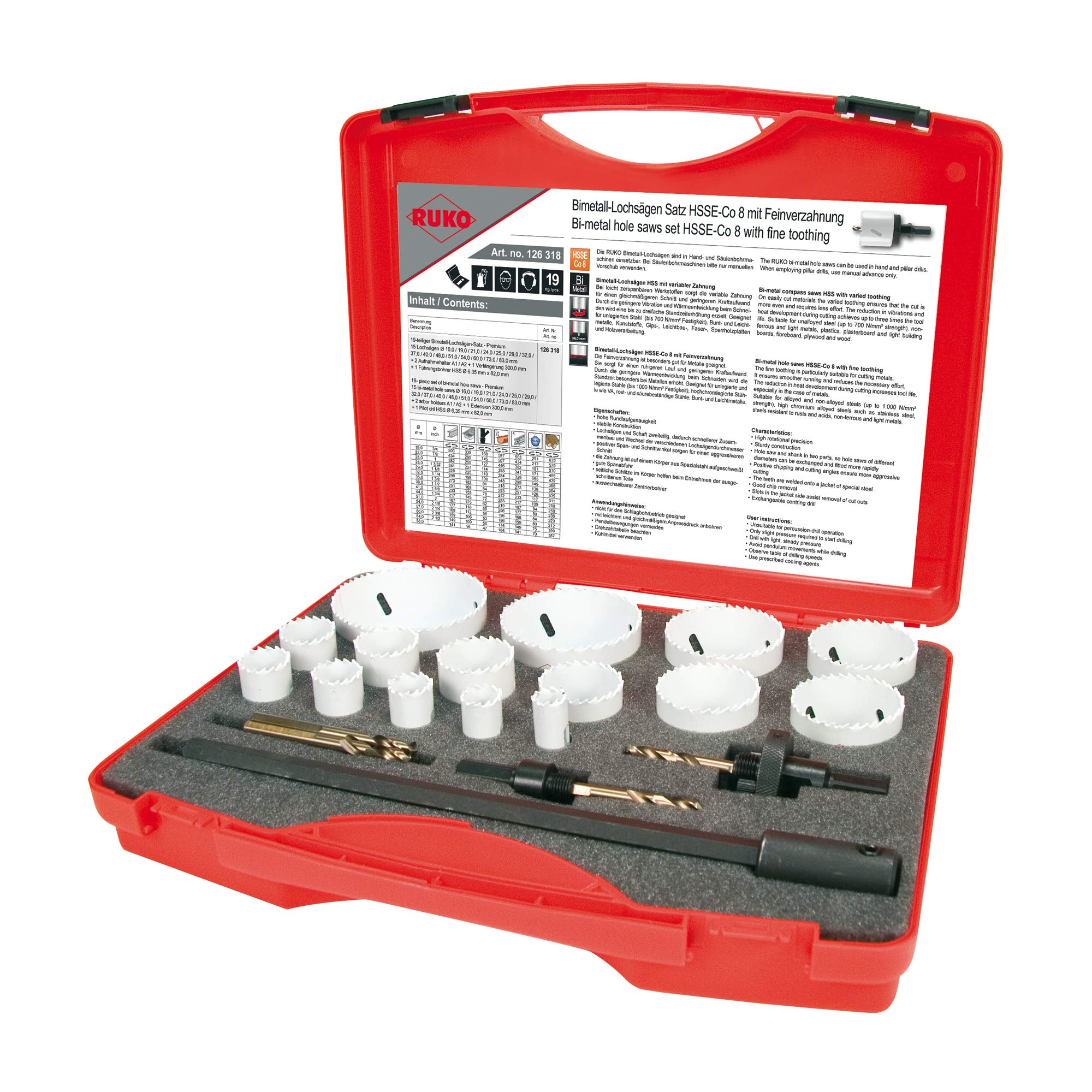 Ruko HSSE-Co 8 Bi-Metal Hole Saw Set in Plastic Case, White Finish, 19 Pieces, R126318