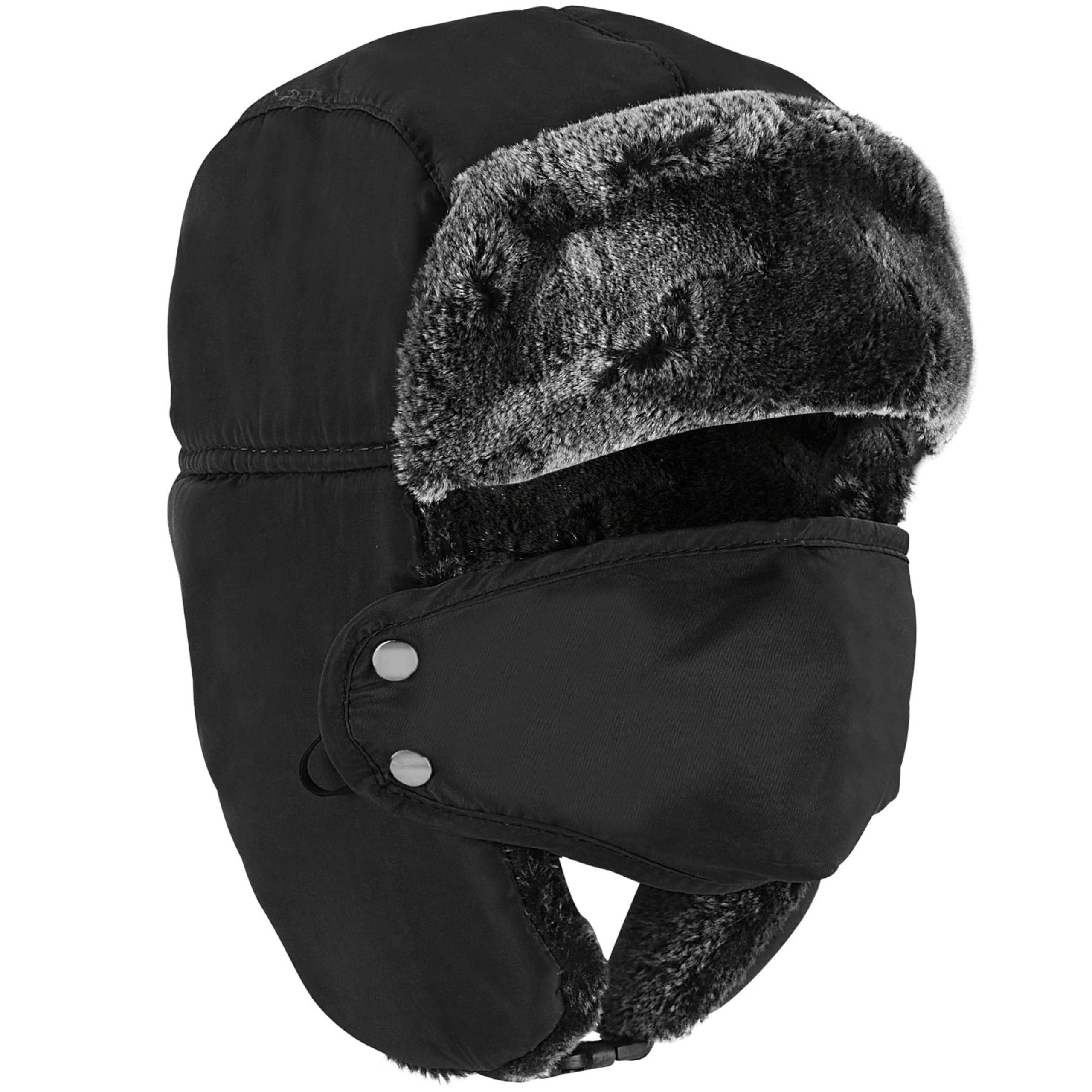 LUTHER PIKE SEATTLE Winter Trapper Hat - Russian Style Ushanka, Face Mask Hats for Men & Women - Ear Flaps, Chin Strap, Windproof Ski Mask - Covers Full Face, Hunting, Snowboarding Accessories Black