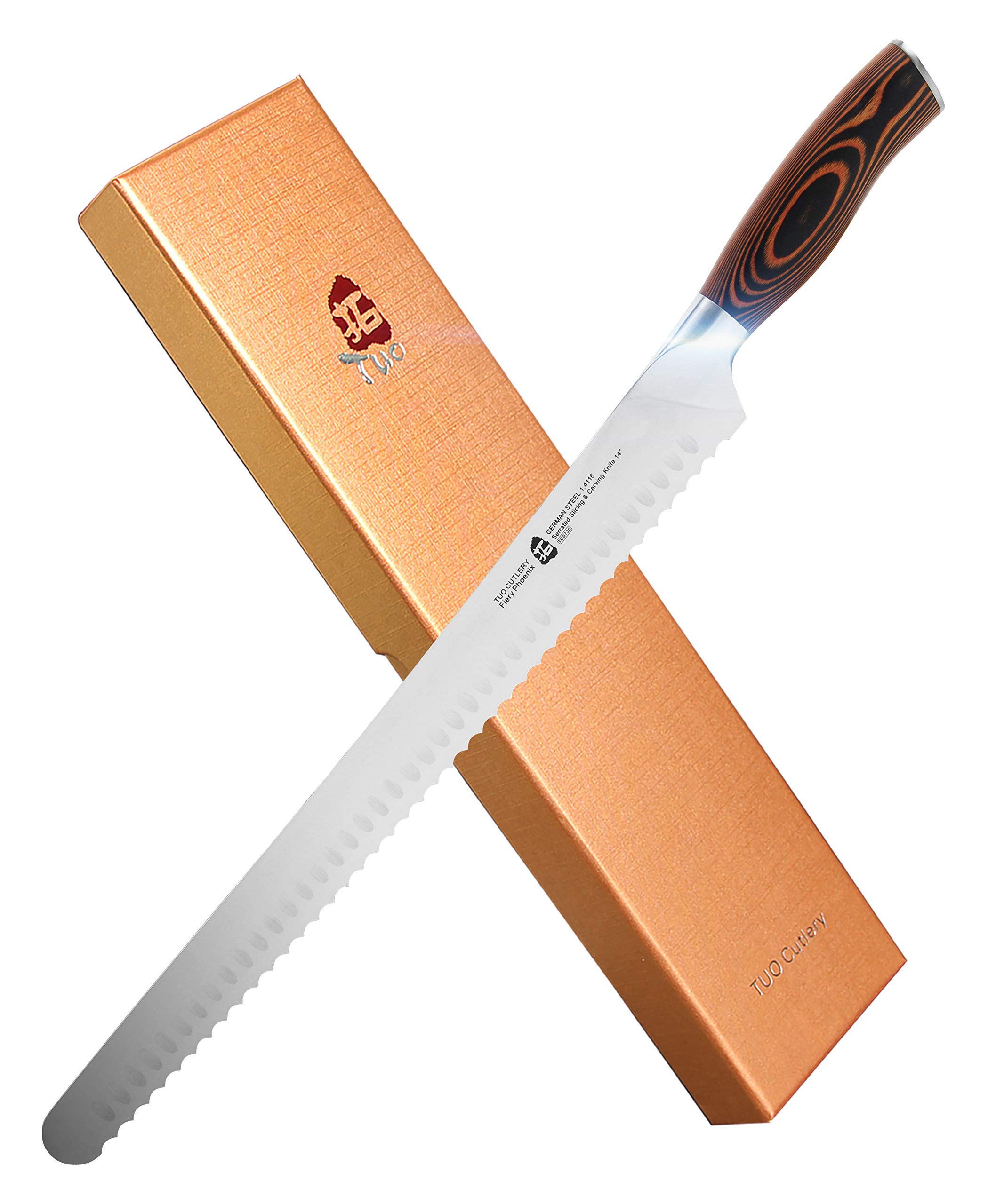 TUOSerrated Slicing Knife 14 inch - Razor Sharp Carving Knives Professional Meat Carver Long Cake Slicer - Premium German HC Steel & Full Tang Pakkawood Handle - Gift Box Included - Fiery Series