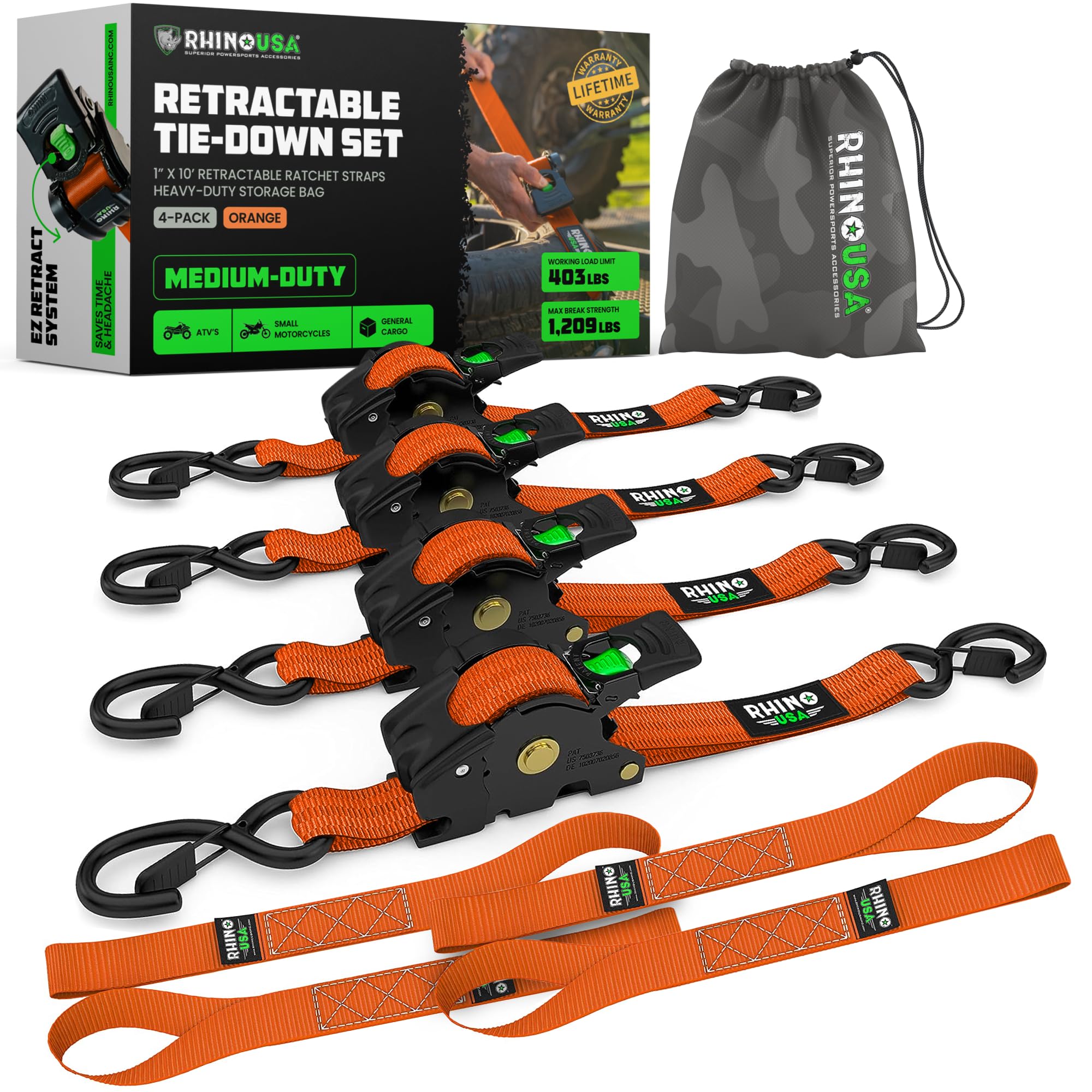 Rhino USA Retractable Ratchet Straps (4-Pack) - 1 Inch x 10 Feet (1,209lb Break Strength) - Heavy Duty Auto Self Retracting Tie Down Straps for Truck, Cargo Trailer, Motorcycle, Rad & More - Orange