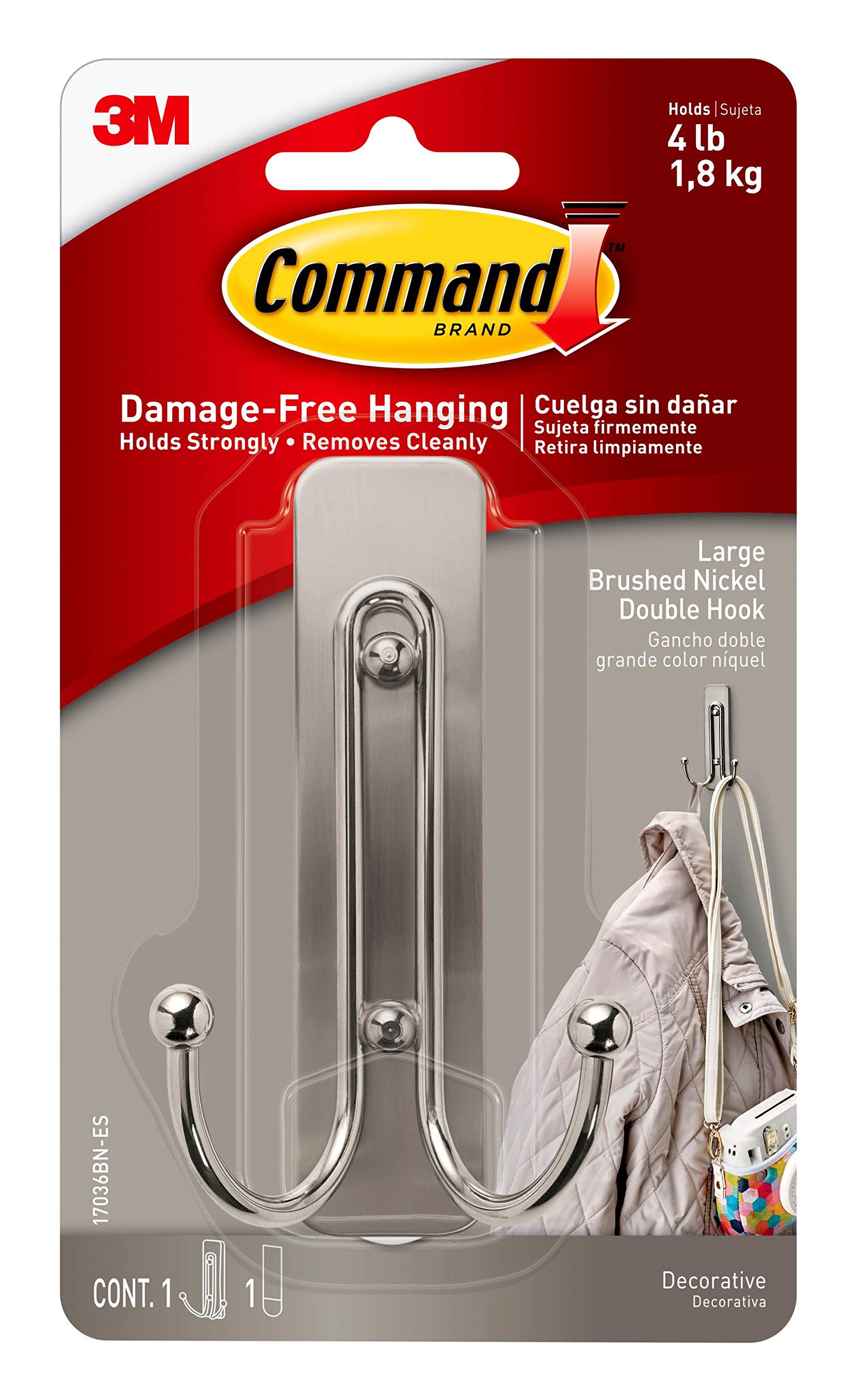 Command Brushed Nickel Double Decorative Hook for Indoor Use - 1 Metal Large Hook and 1 Adhesive Strip - Hang Jackets, Purses, Handbags, Hats, Scarves, Dog leads - Organise Damage Free