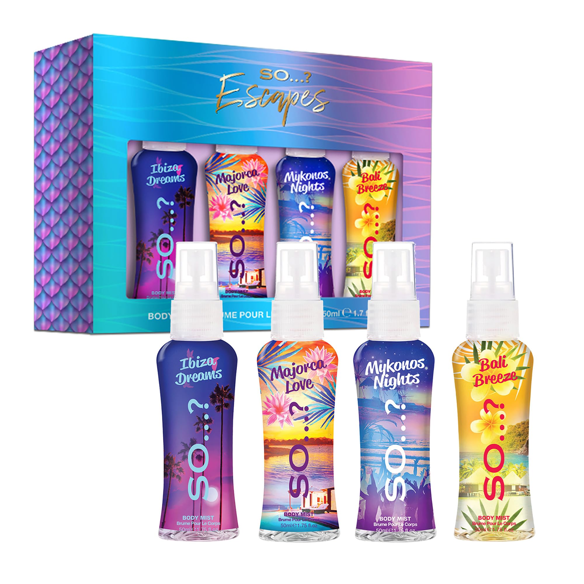 SO…?Escapes Womens Gift Set, with Ibiza Dream, Bali Breeze, Mykonos Nights & Majorca Love, Fragrance Spray Set (4 x 50ml)