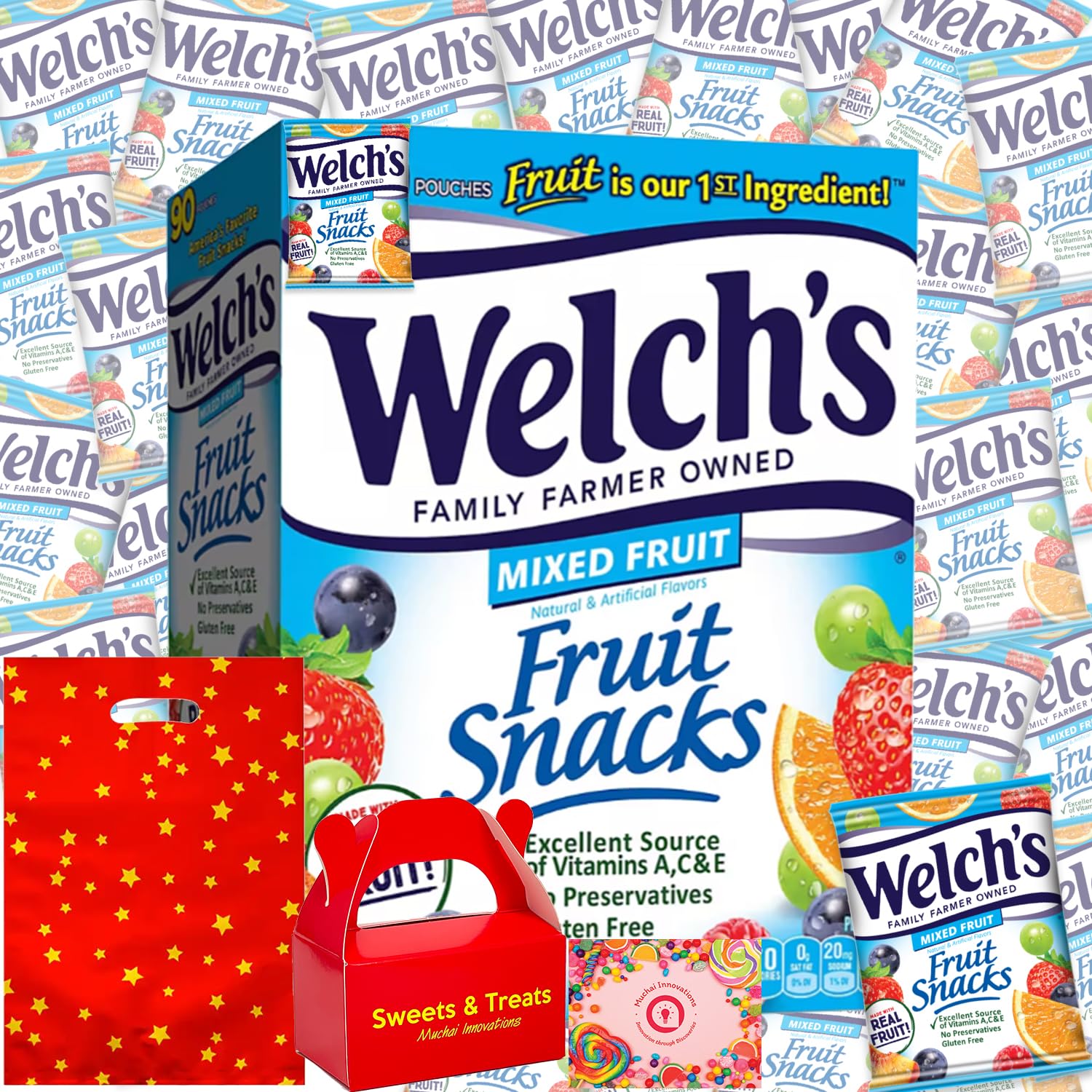 Fruit Snack Welch's Gummy Flavor | Individually Wrapped Assorted Healthy Snack Kids & Adults | Party Deco School Lunch Office Sharing Road Trip | Muchai Card & Bag Included (Original Mixed Fruit Pack 90 Pouch - 0.8 Oz)