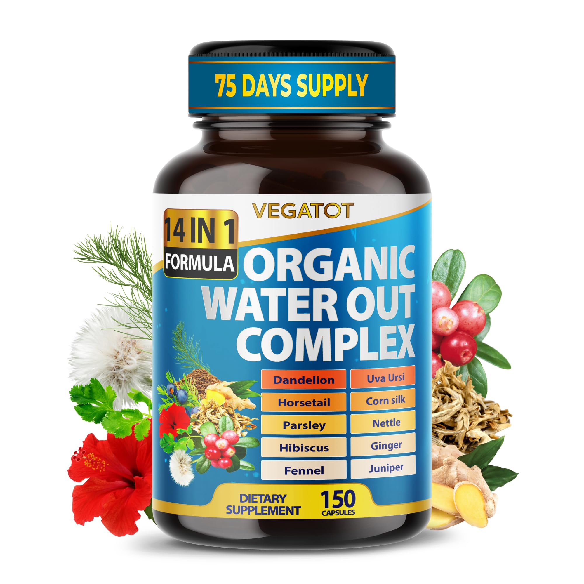 VEGATOT Organic Water Out Complex - 14-in-1 Formula - with Dandelion Uva Ursi Horsetail Corn Silk Parsley Nettle Hibiscus Ginger