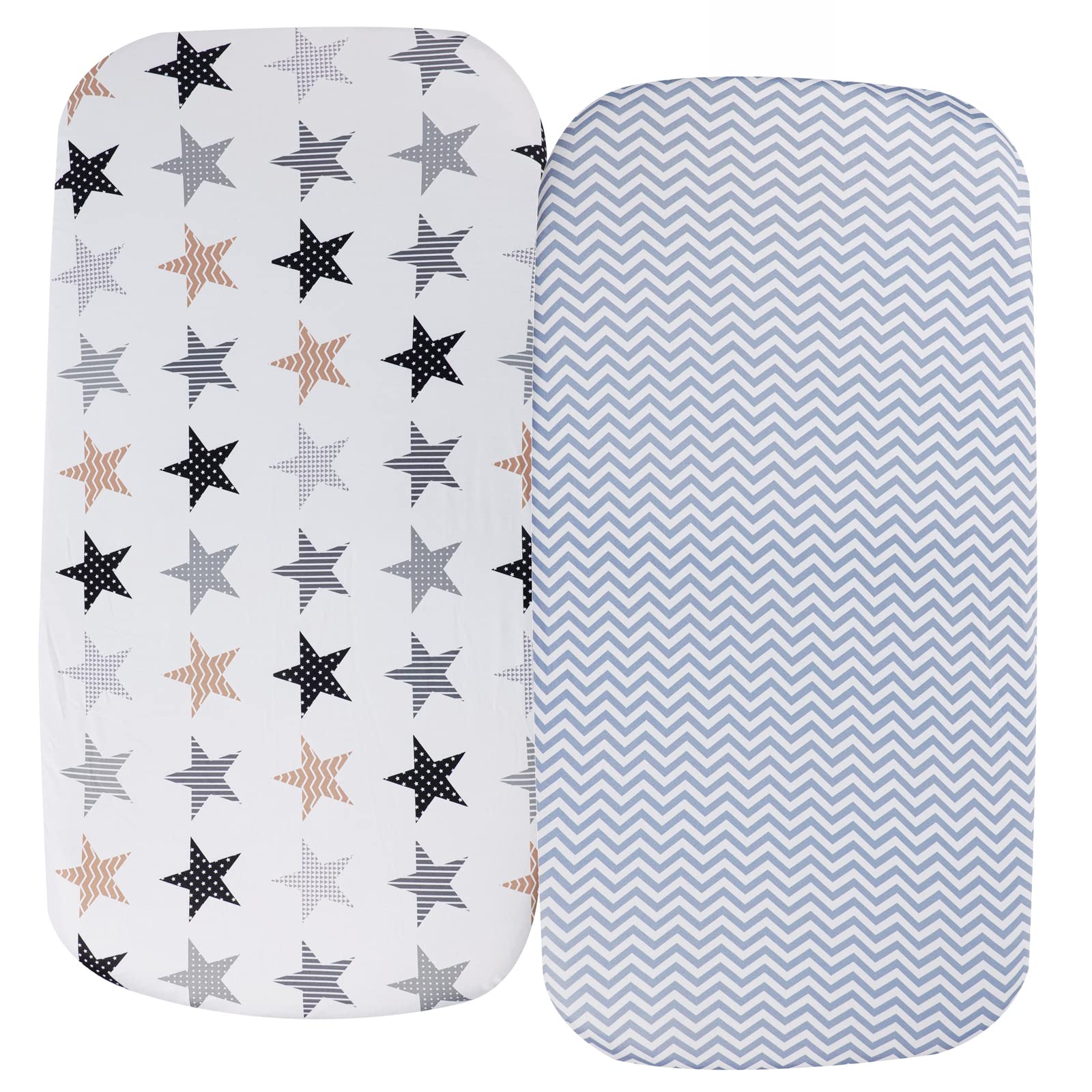 Stretchy Bassinet Sheets 33" x 20" for Baby Girl and Boy, Compatible with Mika Micky, Baby Delight, Dream On Me, AMKE, ANGELBLISS, Maxi-COSI Baby Bedside Bassinet Mattress, 2 Pack, Chevron and Stars