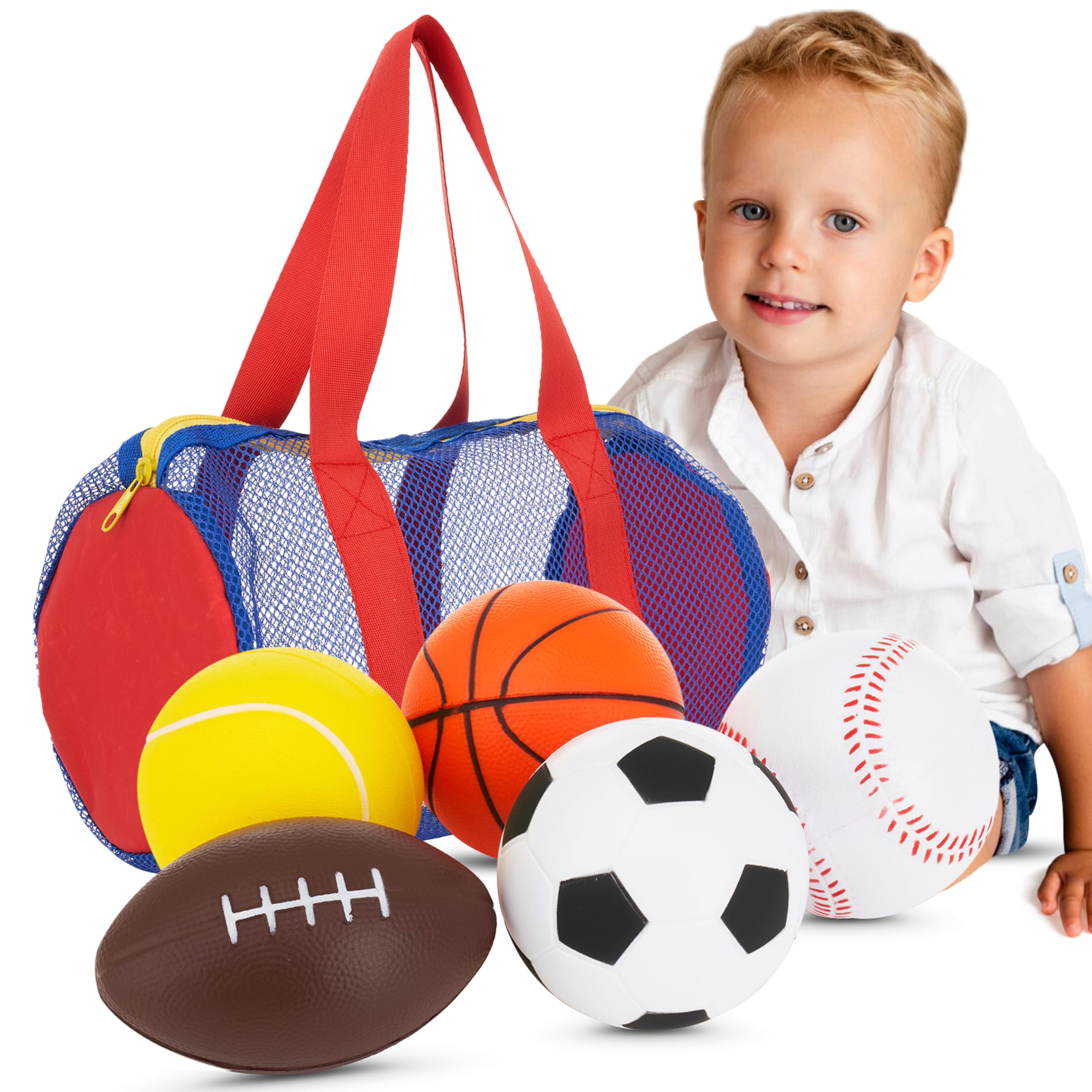 Neliblu Set of 5 Foam Balls for Kids - Soft Balls for Toddlers 1-3 with Bag - Includes Soccer, Basketball, Football, Baseball and Tennis - Suitable for Babies - Throwing Toys for Kids and Toddlers