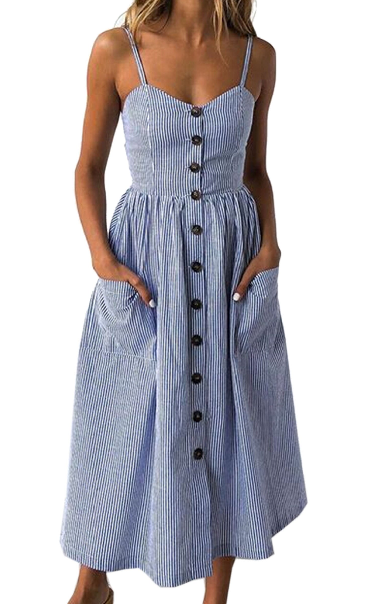 Women's Dresses-Summer Floral Bohemian Spaghetti Strap Button Down Swing Midi Dress