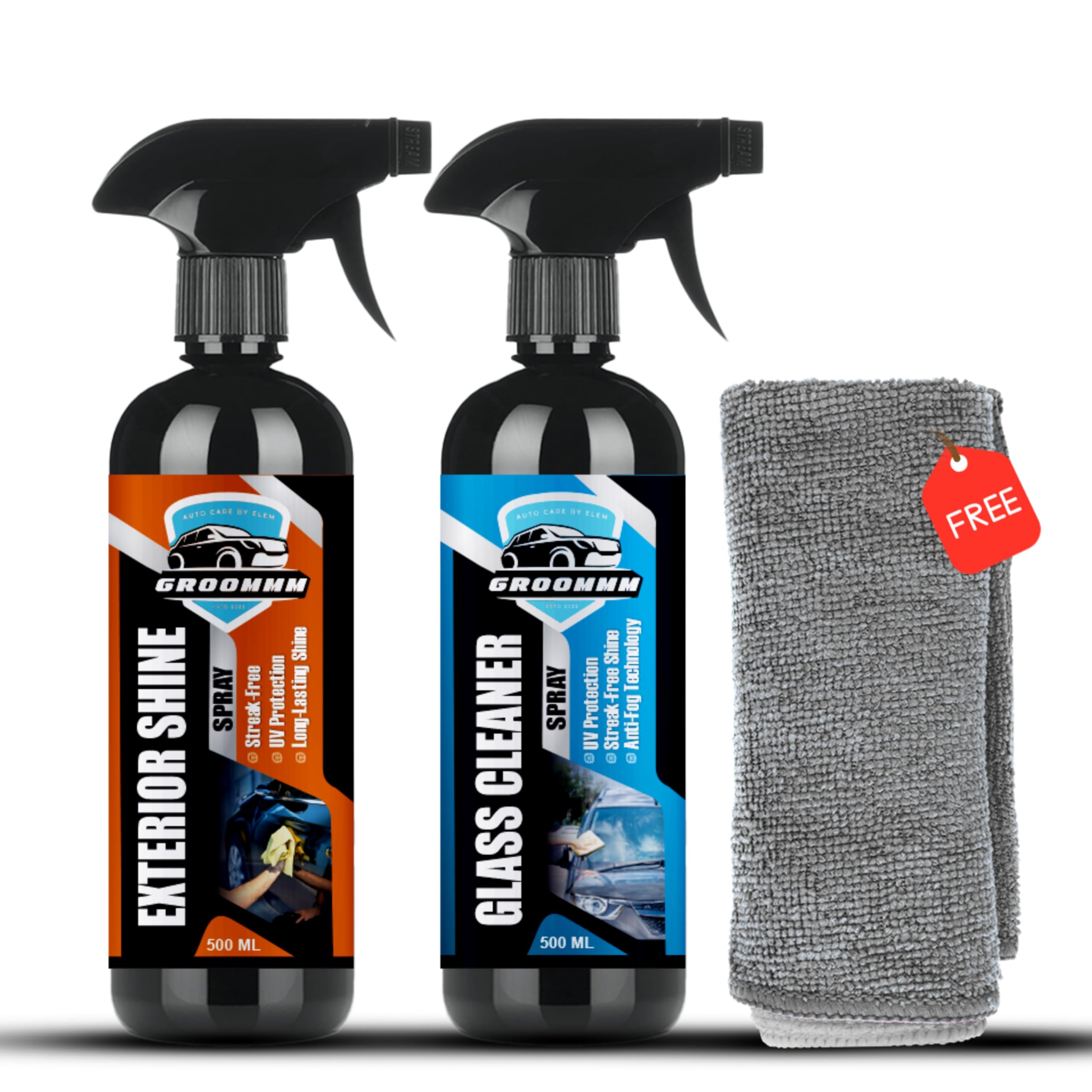 GROOMMMterior Shine Spray | Water Repellent for Car Windshield | Car Body Polish, Exterior Cleaner | Car Shiner, Car Exterior Polish | with Micro Fibre Cloth 500 Ml Each