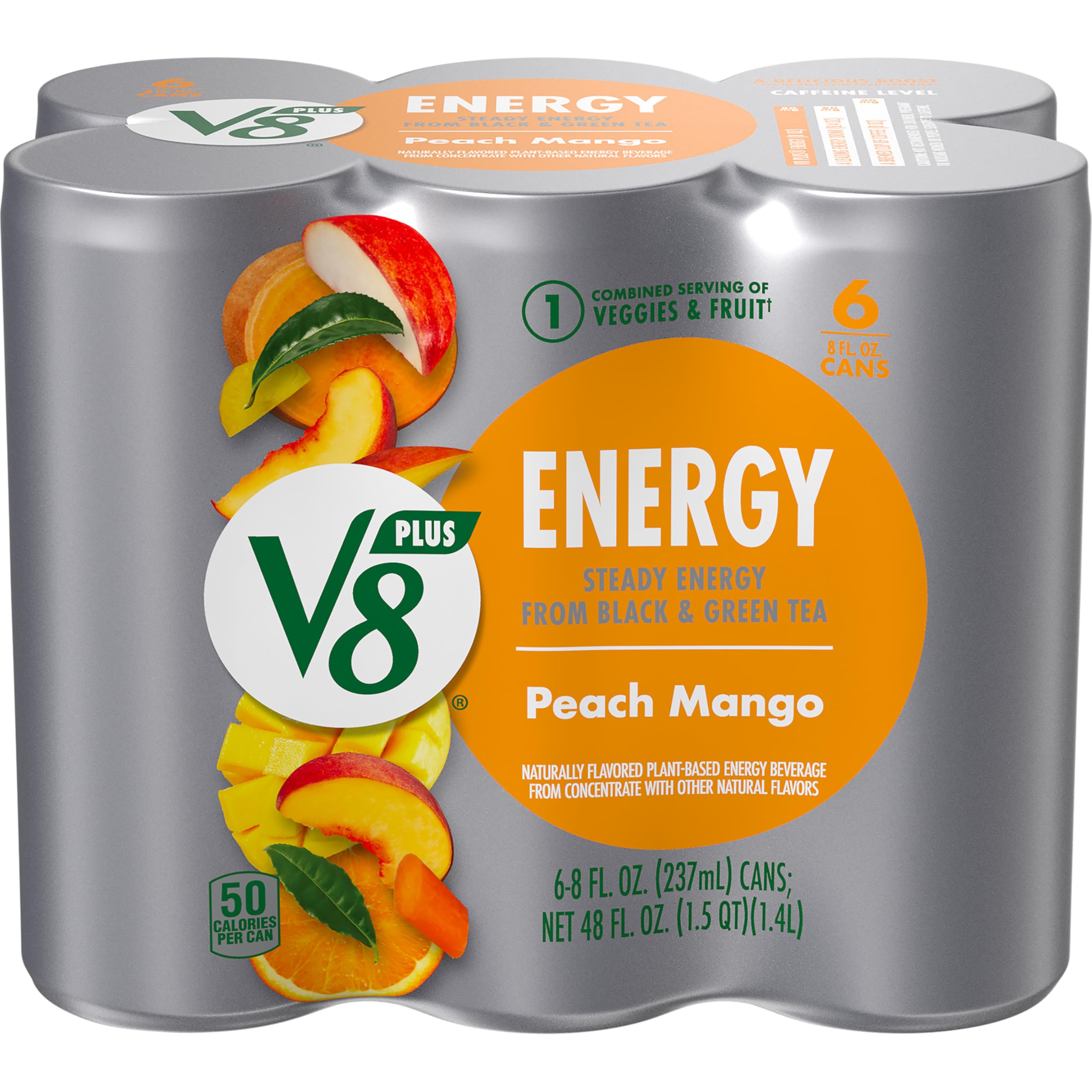 V8 +ENERGYPeach Mango Energy Drink, 8 fl oz Can (Pack of 6)