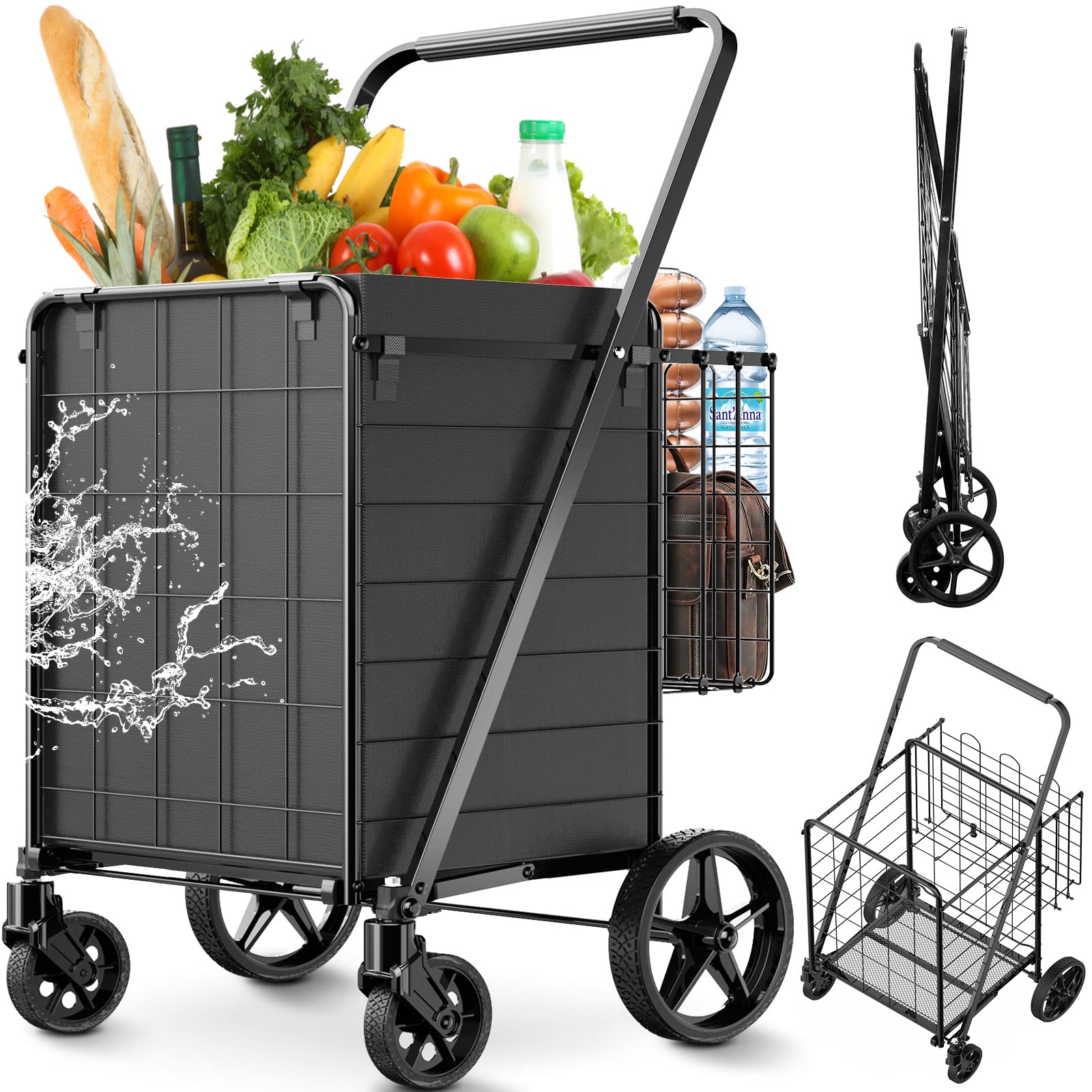 Heavy Duty Folding Shopping Cart for Groceries,Jumbo Upgraded Grocery Cart with Waterproof Liner, 360° Rolling Swivel Wheels and Double Basket for Shopping Laundry-Hold Up to 330 LBS