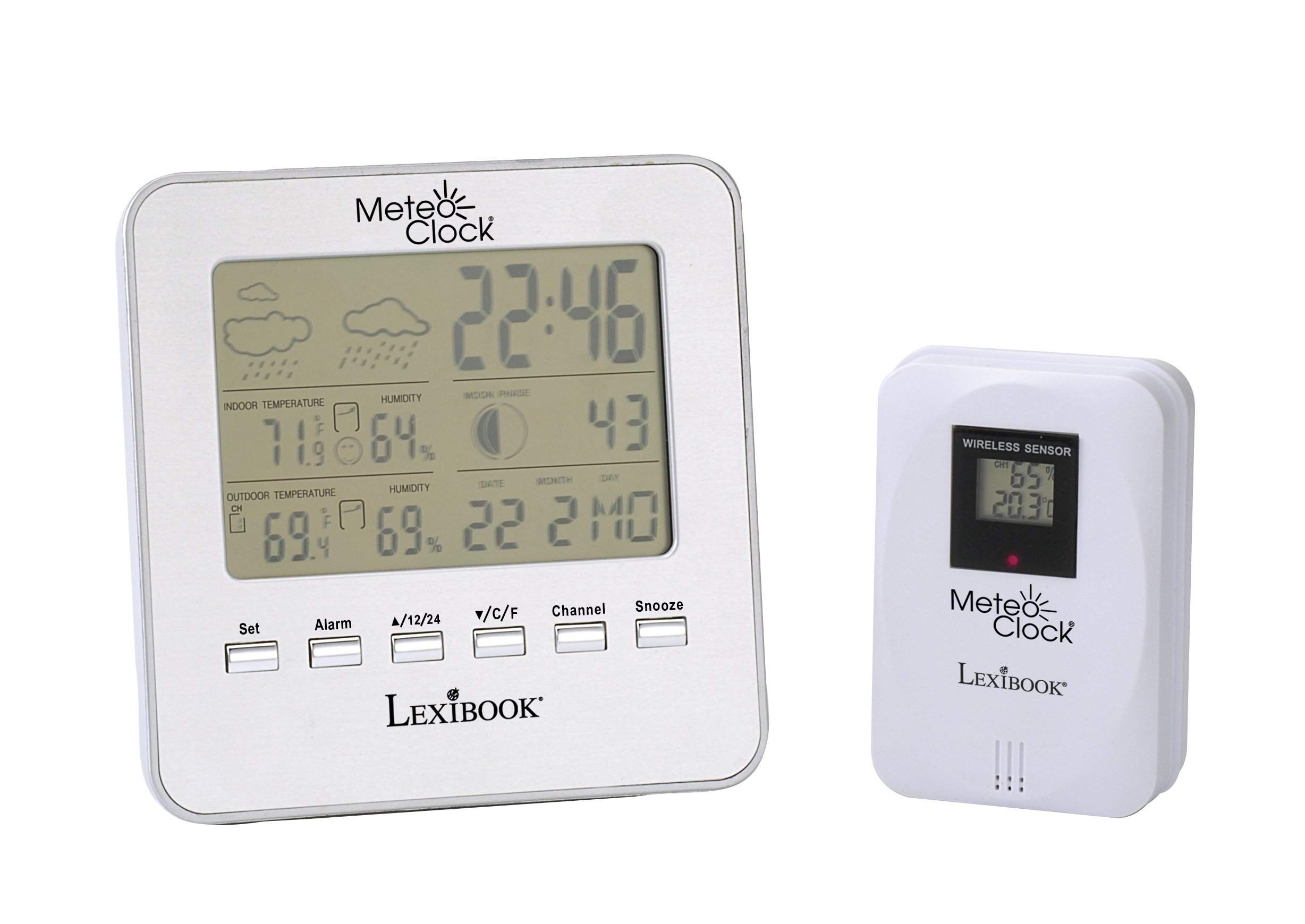 LexibookWeather Station Meteoclock Silver, Waterproof Outdoor Sensor, Moon Phase, Alarm And Snooze Function, Battery Operated, Silver, Sm940