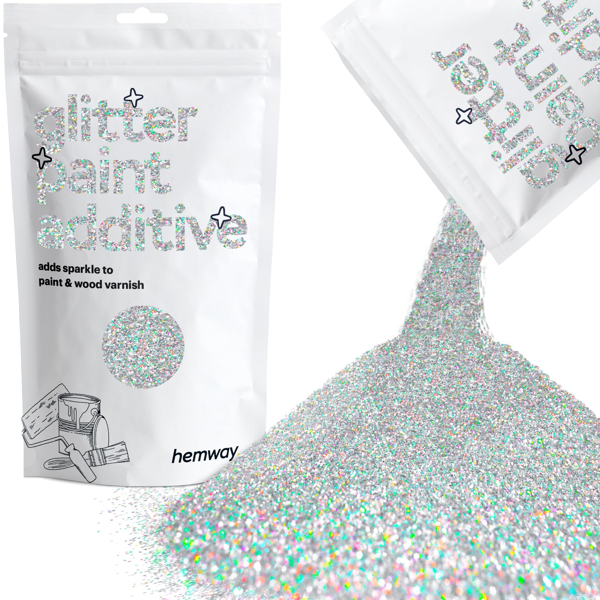 Hemway Glitter Paint Additive Glitter Crystals for Acrylic Paint, Interior & Exterior Walls, Wood, Varnish, Furniture, Matte, Gloss, Satin, Silk - 100g / 3.5oz - Silver Holographic