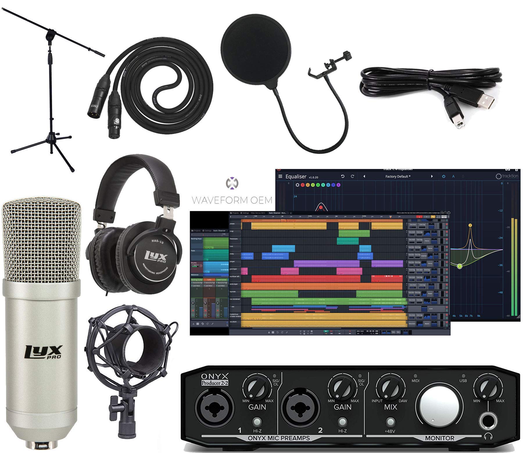 MackieOnyx Producer 2-2 Audio / Midi interface With Music Production Software Studio Bundle with Professional Recording Condenser Microphone