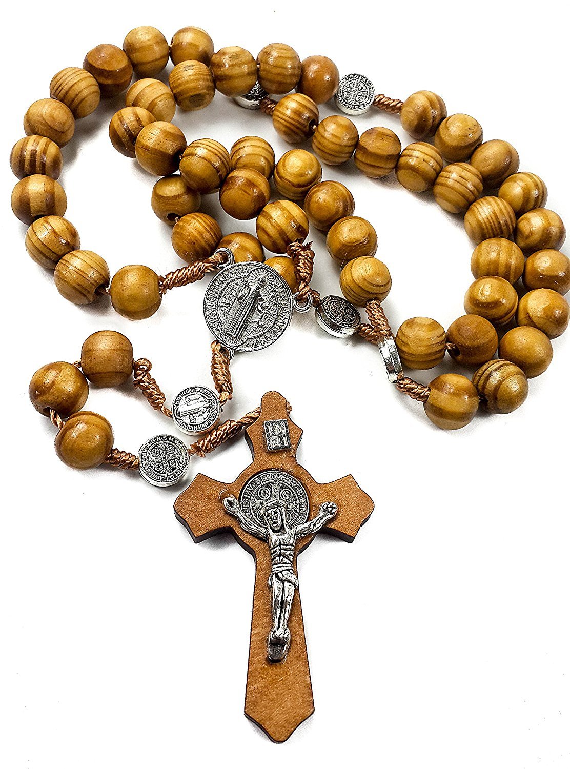 Nazareth StoreWood Beads Rosary Necklace Saint Benedict Medal & Catholic Cross Religious Prayer Chaplet String Handmade - Velvet Bag