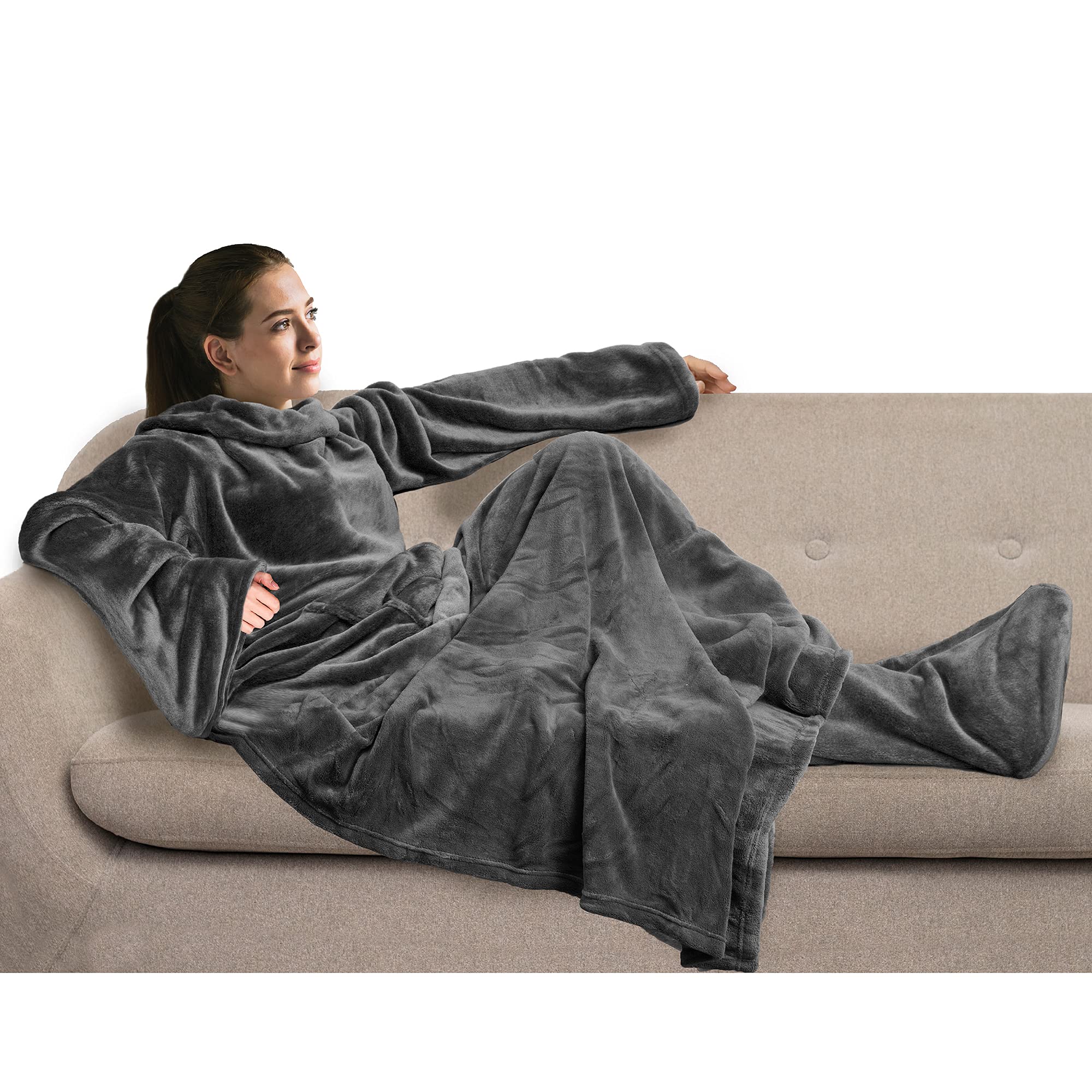 PAVILIA Fleece Blanket with Sleeves and Foot Pockets for Women Men Adults, Wearable Blanket Sleeved Throw Wrap, Plush Hug Sleep Pod Snuggle Blanket Robe, Cozy Gift Ideas Wife Mom, Dark Gray