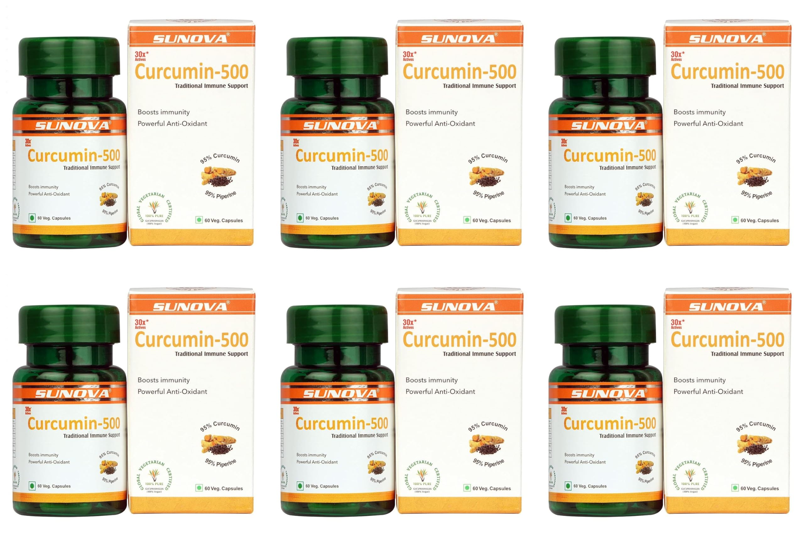 SUNOVA Curcumin-500 Traditional Immune Support Capsules Pure and Herbal Supplement with Curcumin Extract 95% and Piperine Extract 95% for Men and Women – 60 Veg Capsules x Pack of 6