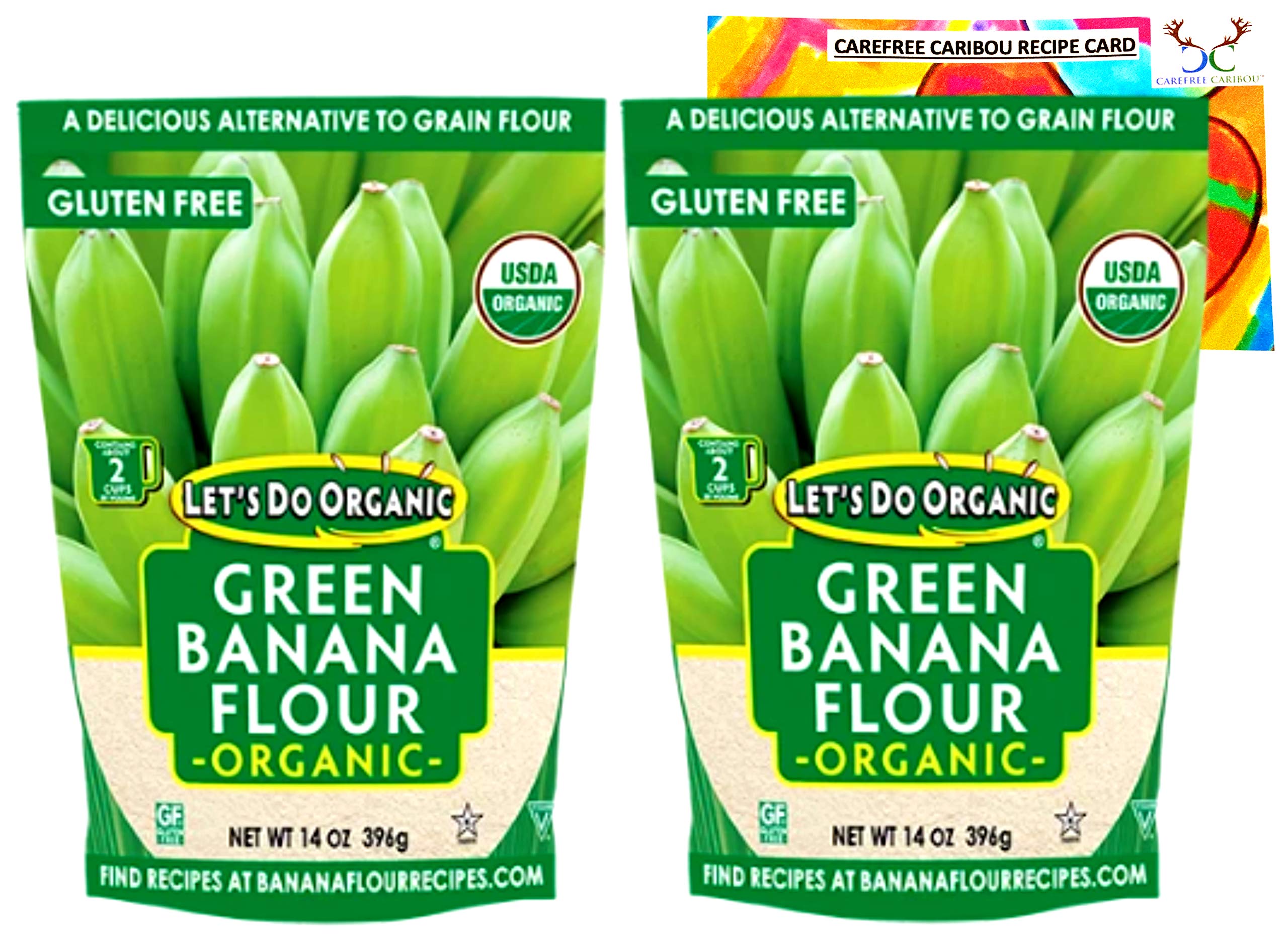 Organic Green Banana Flour Bundle. Includes Two (2) 14oz Packages of Let's Do Organic Green Banana Flour and a Green Banana Flour Recipe Card from Carefree Caribou! All Natural & Gluten Free!