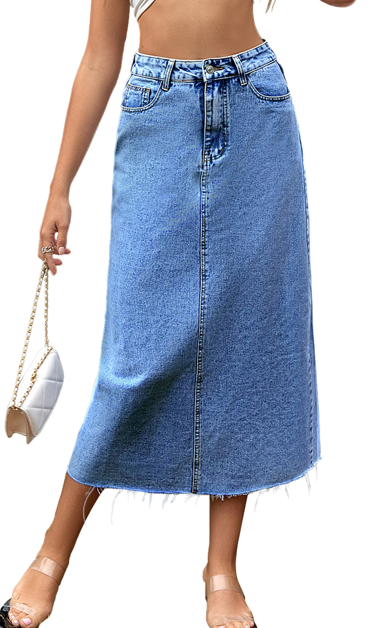 MISS MOLYWomen's Maxi Long Denim Skirts High Waist Frayed Raw Hem A line Flare Jean Skirt with Pockets